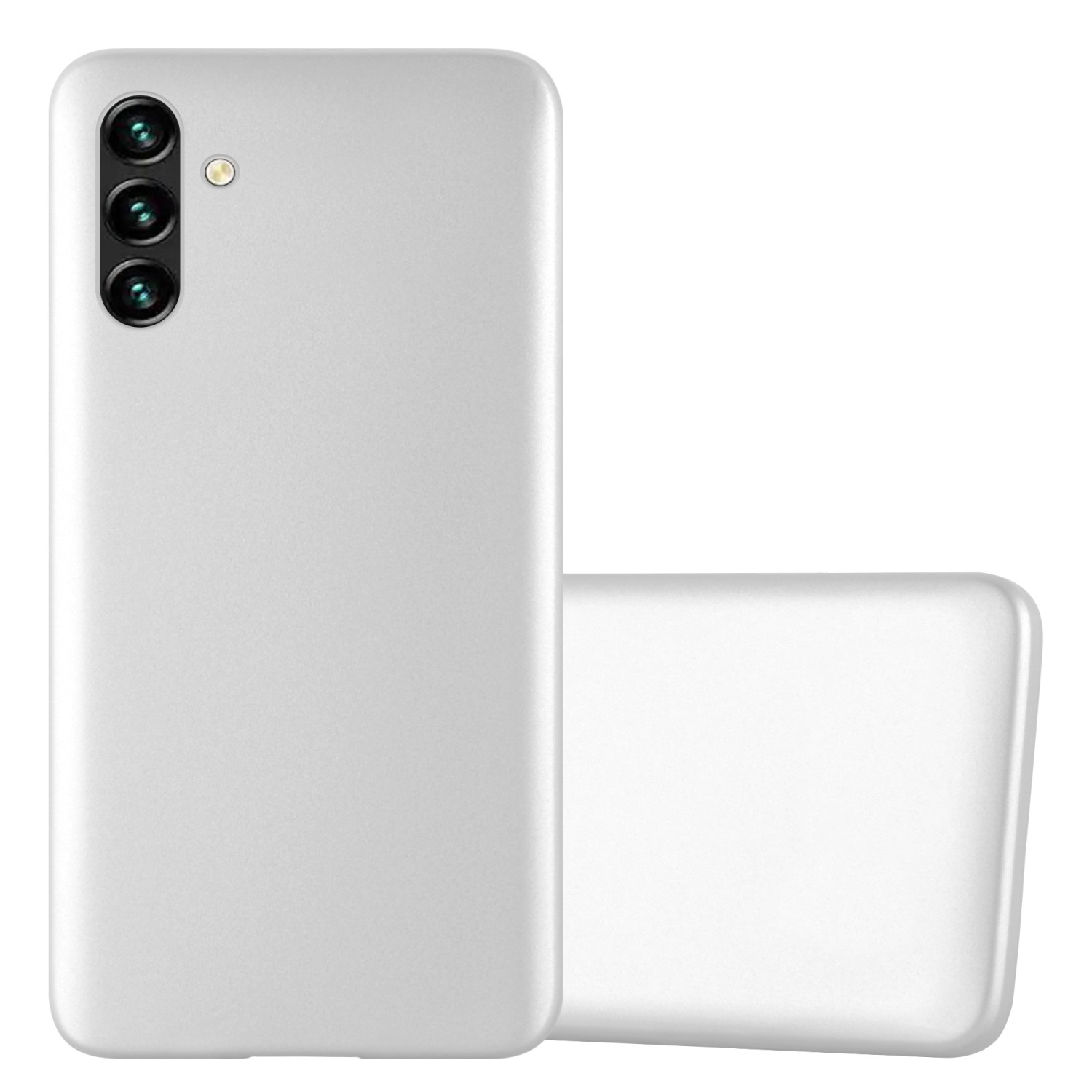 Una custodia per telefono argentata con tre fotocamere e una custodia per telefono argentata separata.
