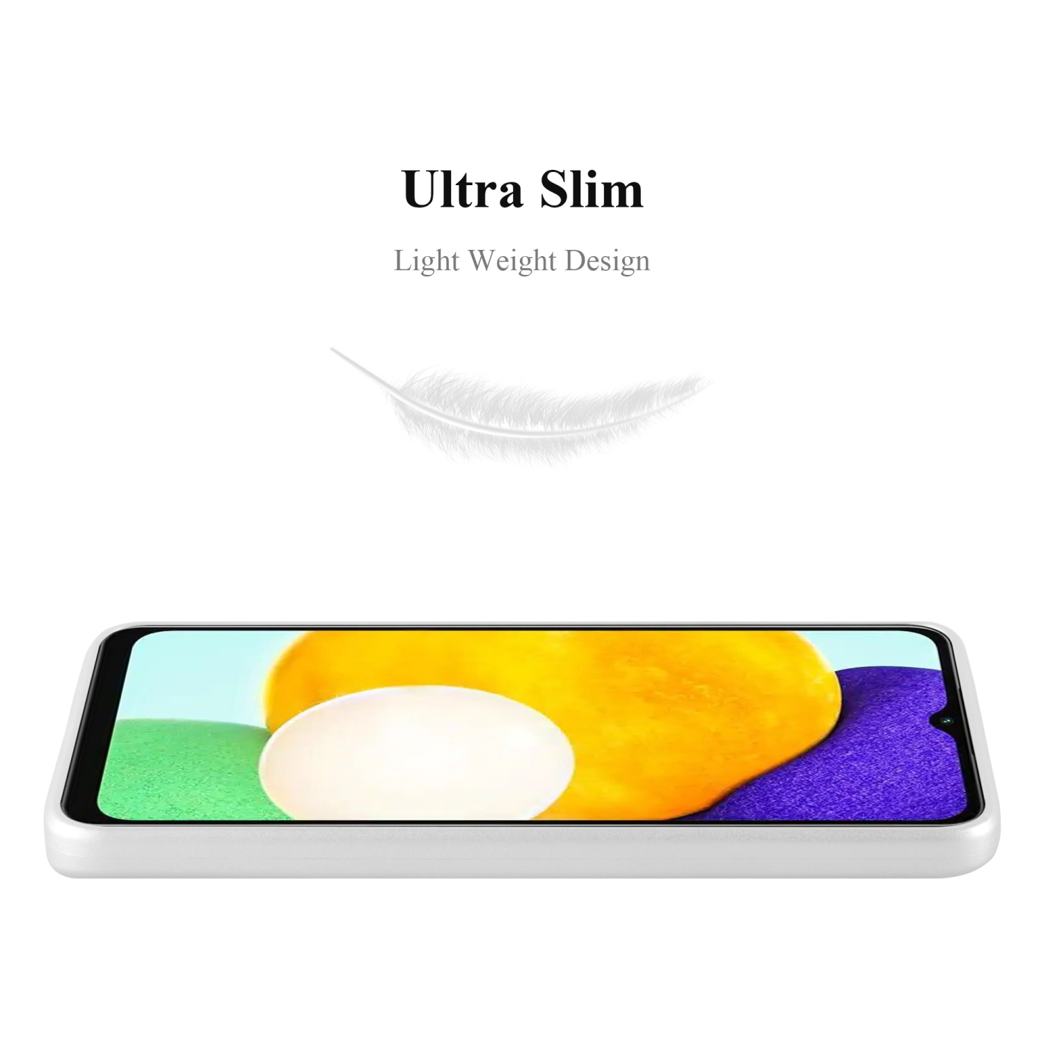 Custodia bianca per telefono con telefono all'interno. Testo: Ultra Slim, Light Weight Design. Sfondo bianco.
