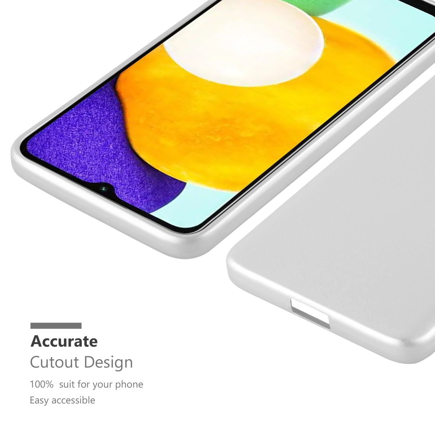 Una custodia argentata per telefono con un telefono, che mostra il design con ritagli precisi.