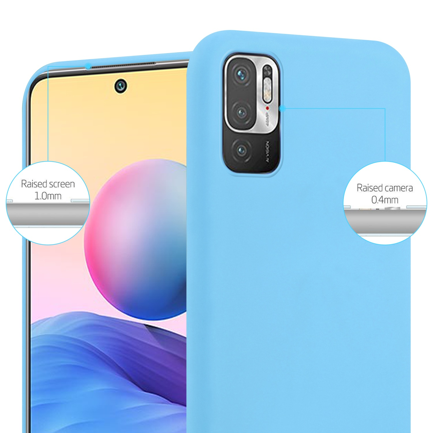 Una custodia per telefono azzurra con un telefono. Il testo mostra le dimensioni dello schermo e della fotocamera rialzati.