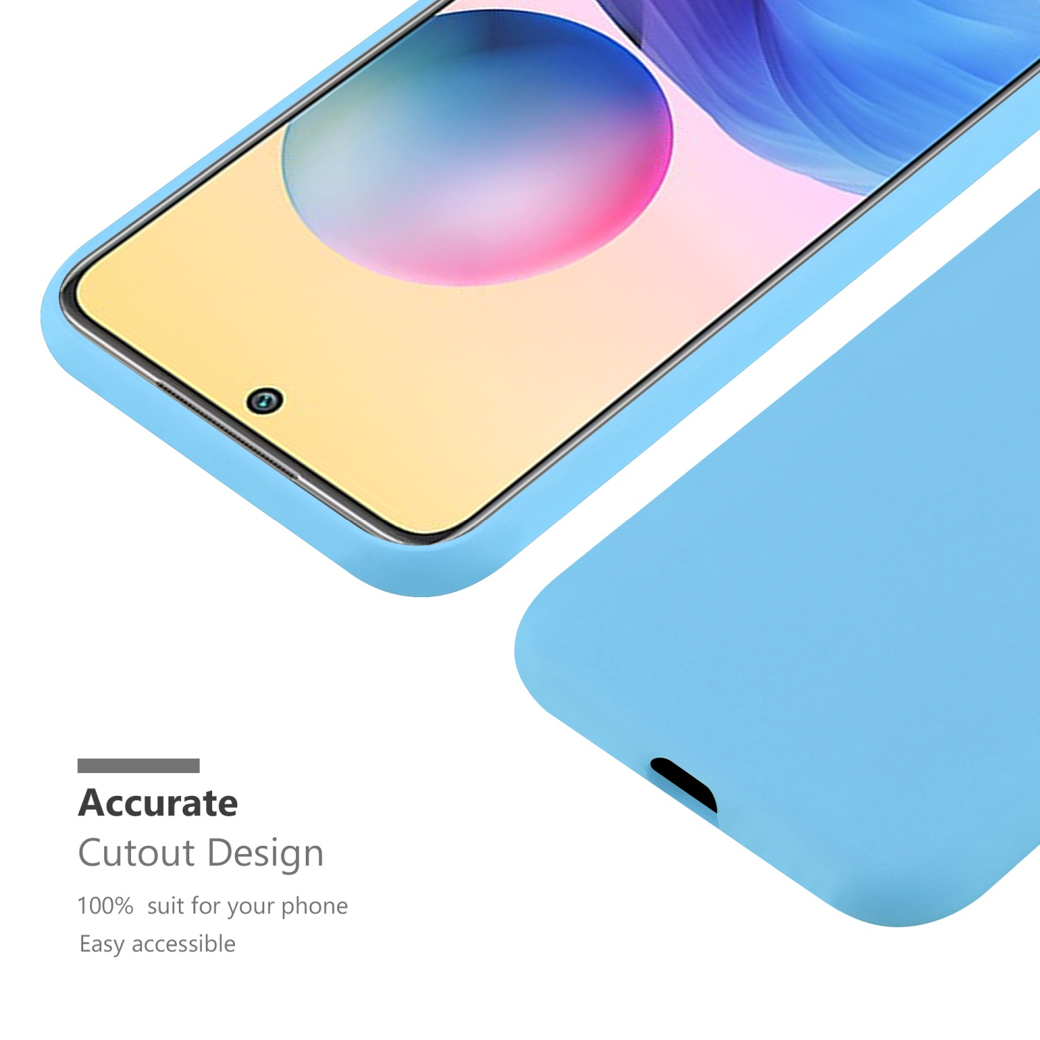 Una custodia per telefono azzurra con telefono all'interno. Testo: Design con ritaglio accurato.