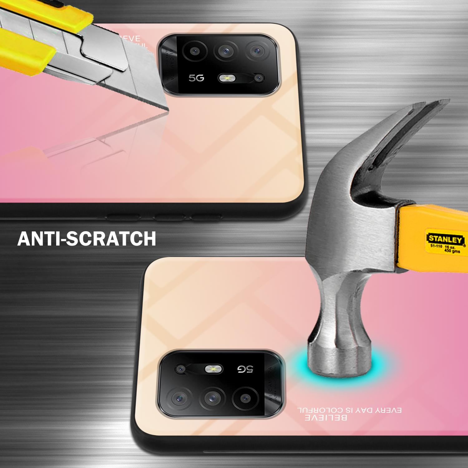 Telefono con protezione schermo in vetro testato con coltello e martello. Testo: Antigraffio.