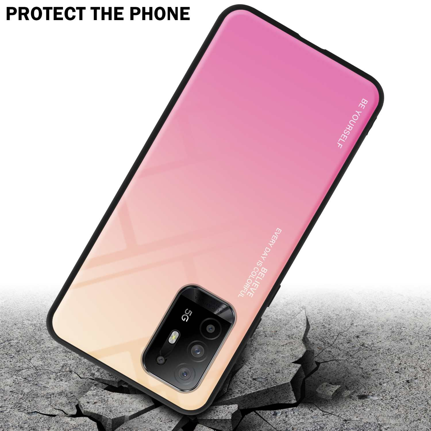 Custodia per telefono con sfumatura rosa e gialla. Telefono che mostra. Protezione anticaduta mostrata.