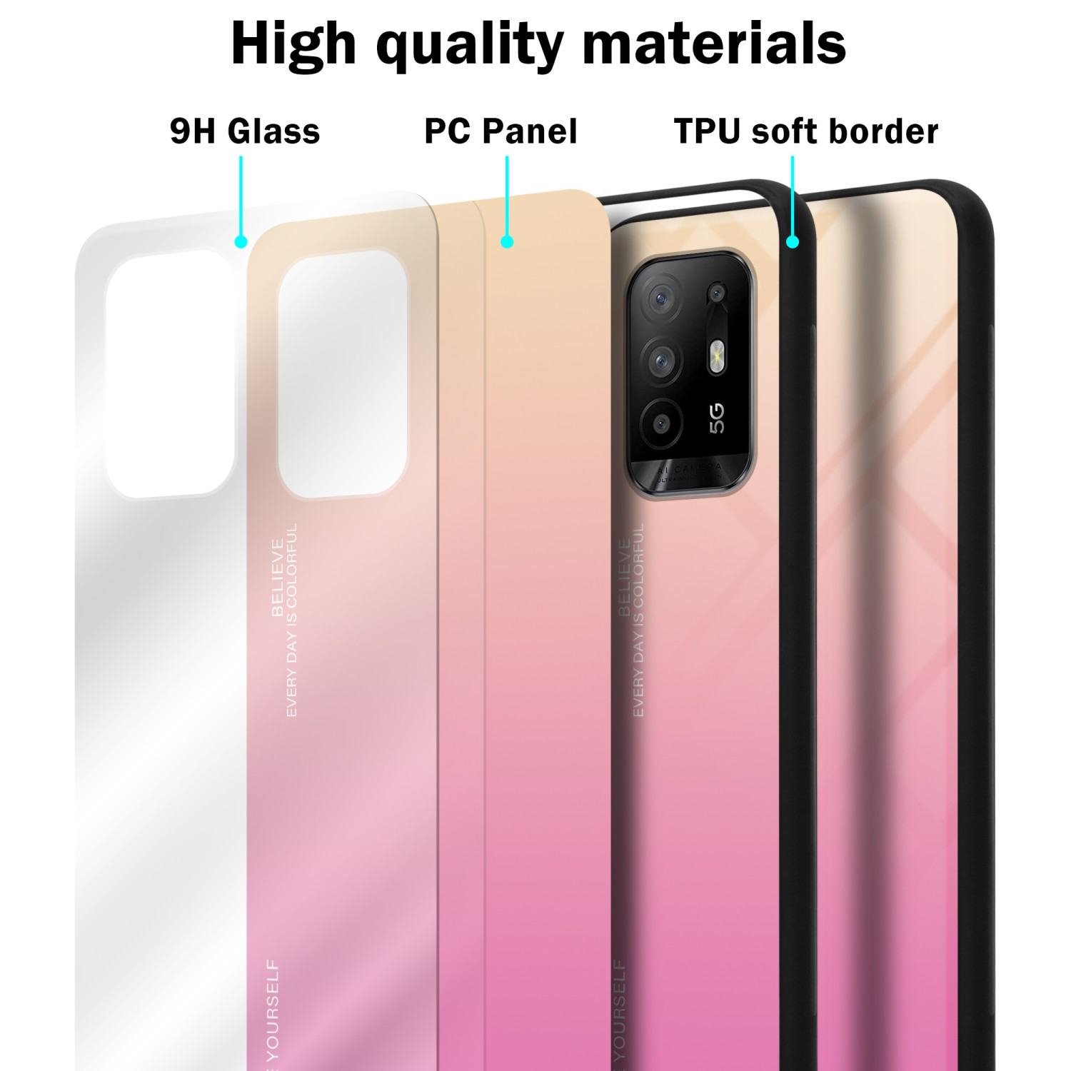Custodia per telefono con retro colorato. La custodia è realizzata in vetro, pannello PC e bordo morbido.