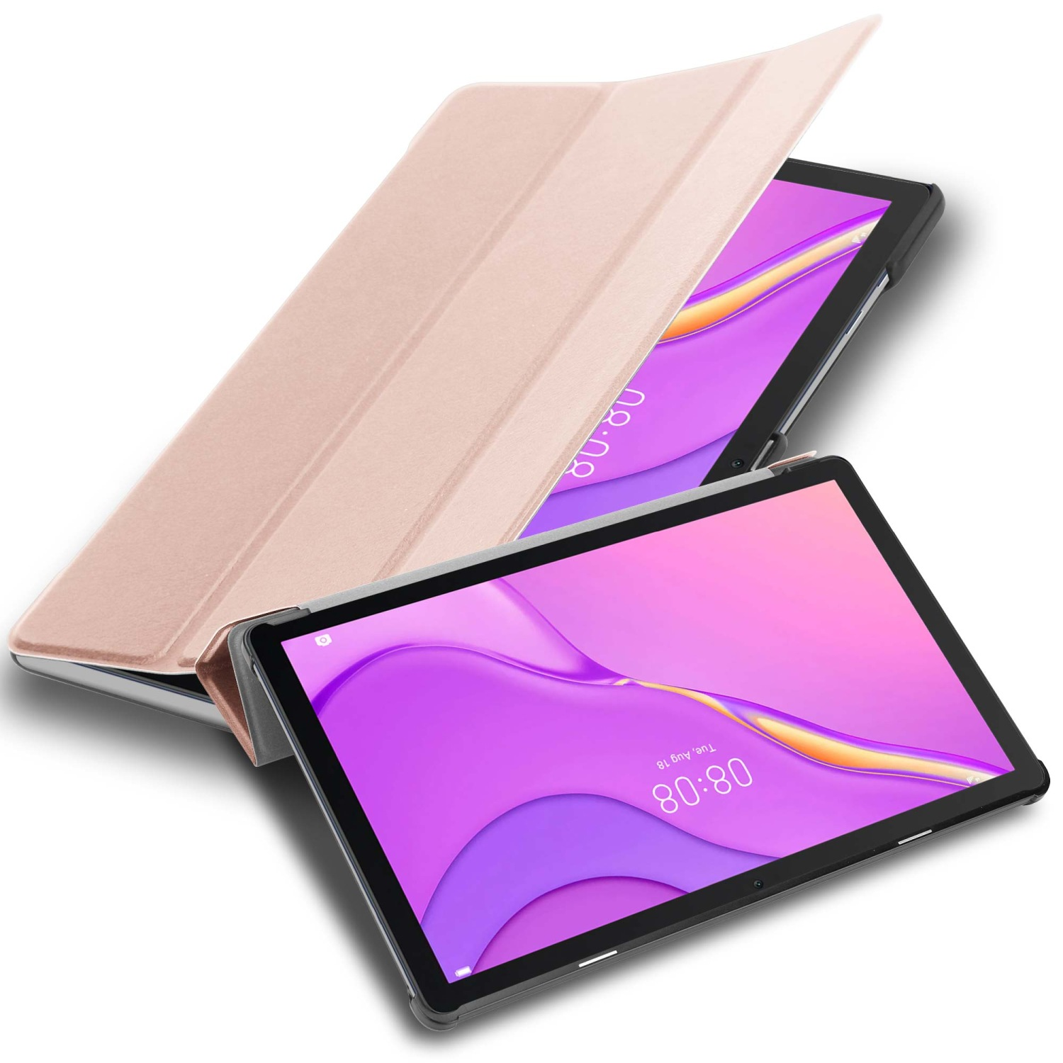 Tablet in hellrosa Hülle, geöffnet. Tablet zeigt Zeit 08:08. Weißer Hintergrund.