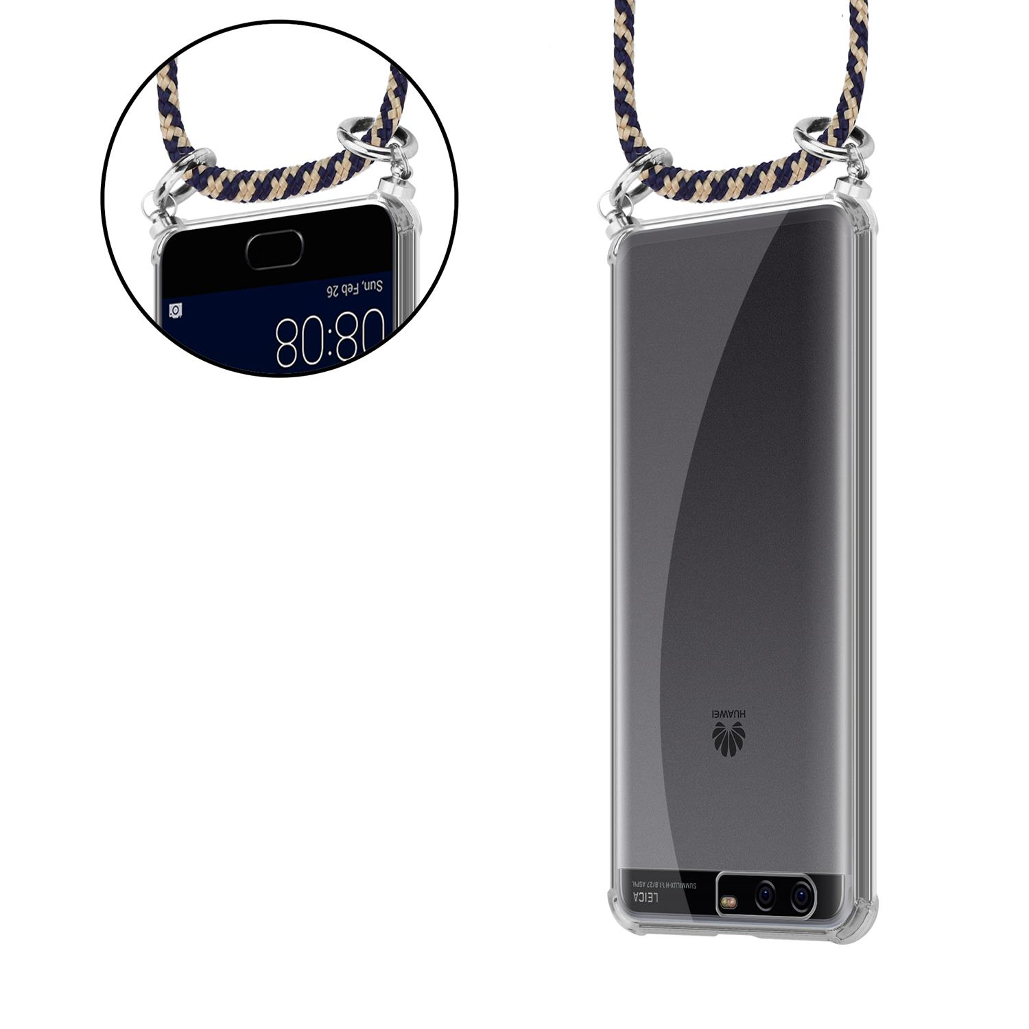 Telefon in klarer Hülle mit Lanyard, die Uhrzeit wird auf dem Bildschirm angezeigt.