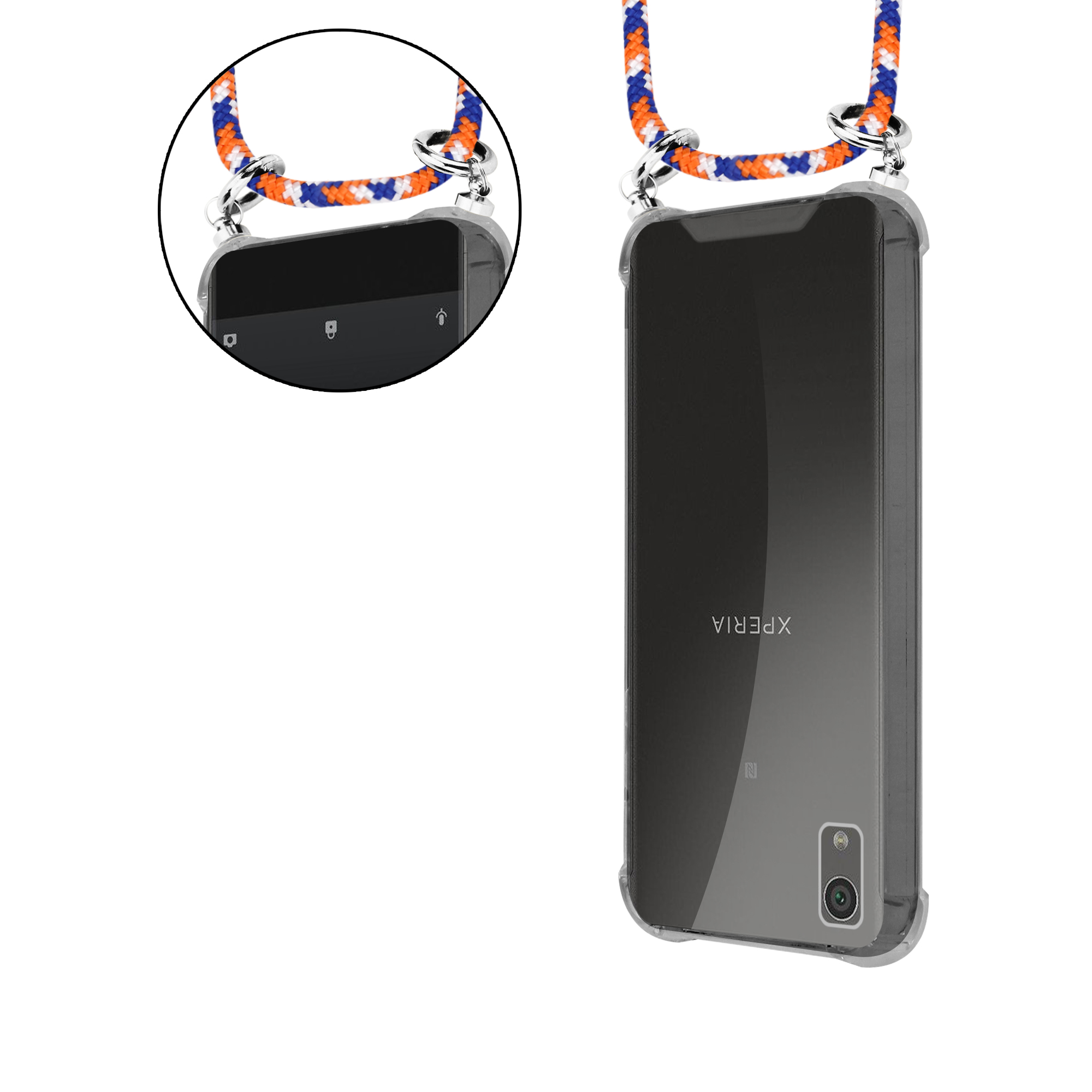 Eine transparente Handyhülle mit einem blau, orange und weißem Umhängeband. Das Telefon ist ein Xperia-Modell.
