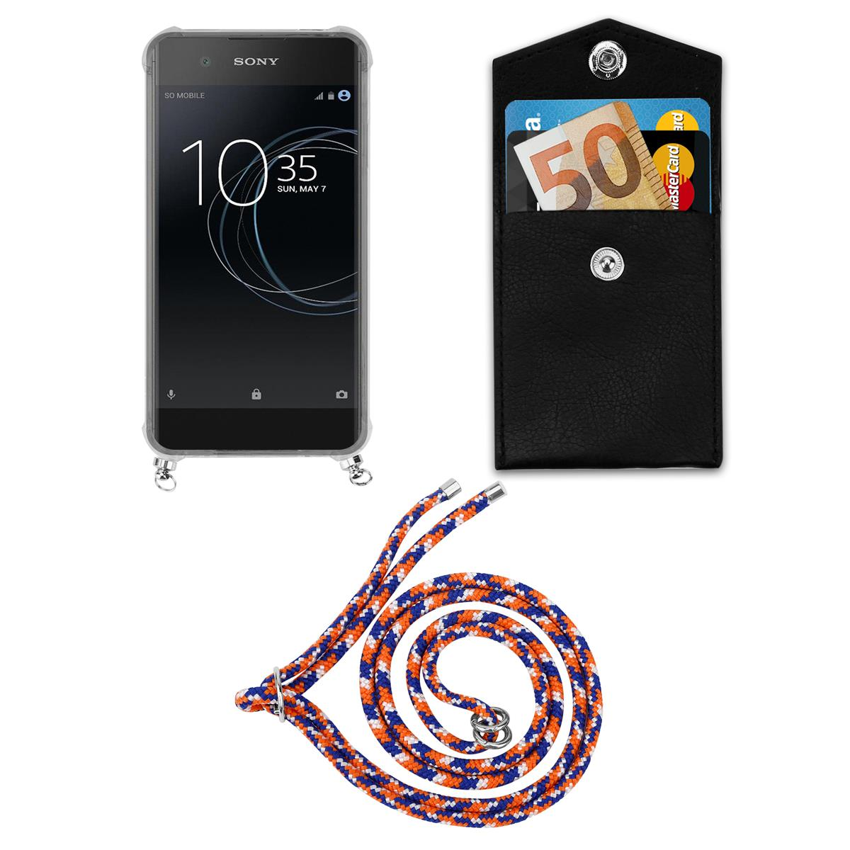 Schwarzes Telefon mit Lanyard und einem kleinen schwarzen Kartenhalter mit Karten und Geld darin.