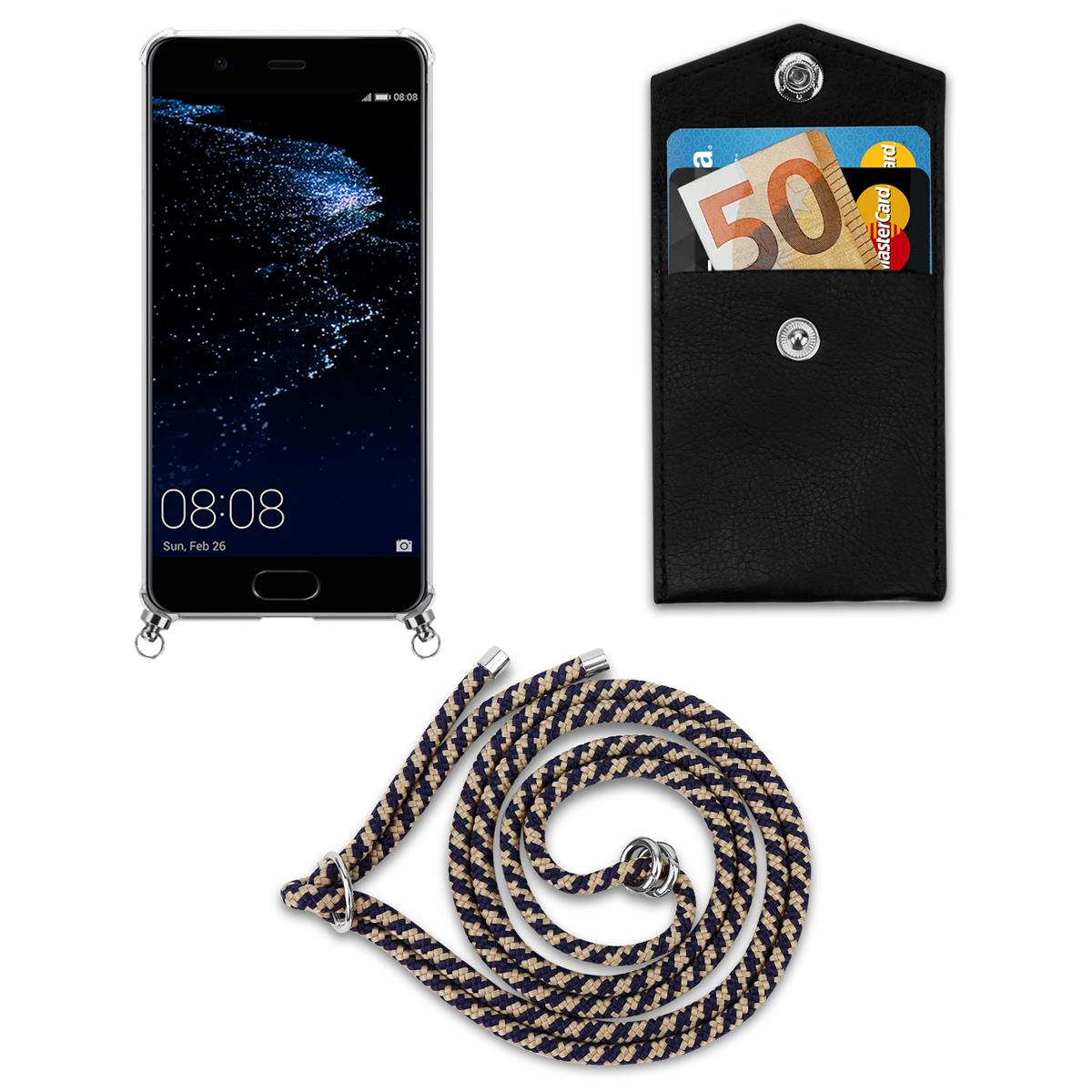 Ein Telefon, eine schwarze Brieftasche mit Karten und ein Lanyard auf weißem Hintergrund.