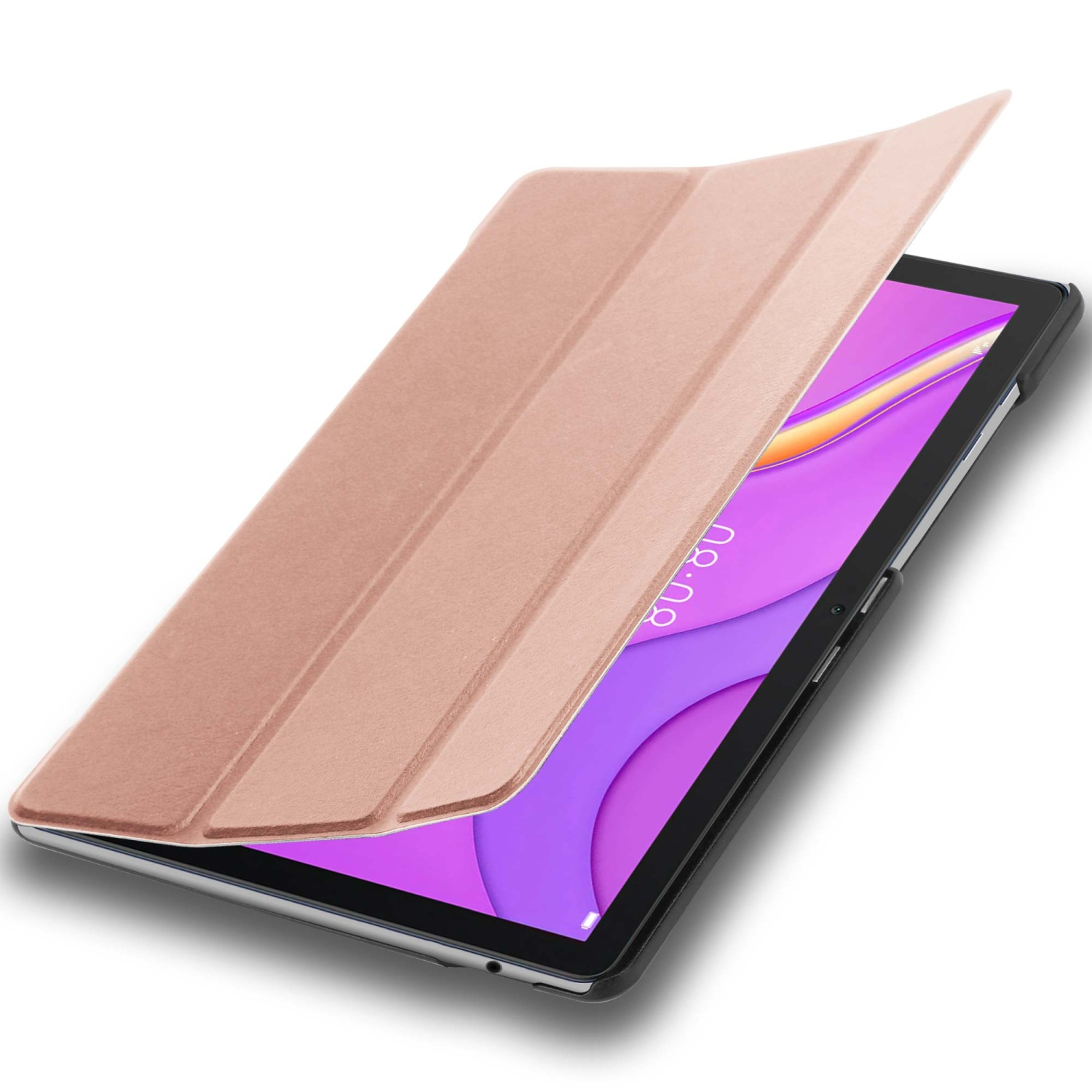 Rosa Tablet-Hülle mit geöffnetem Deckel. Tablet in der Hülle.