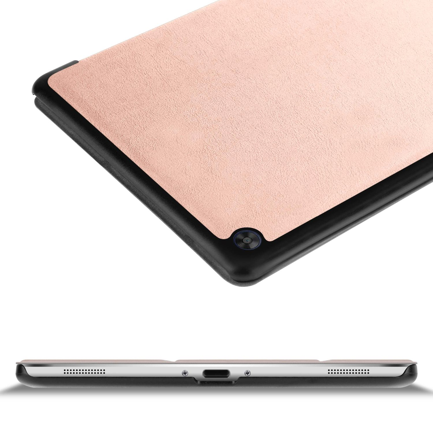 Tablet mit rosa Hülle. Die Hülle ist geschlossen. Das Tablet hat einen schwarzen Rahmen und eine Kamera.