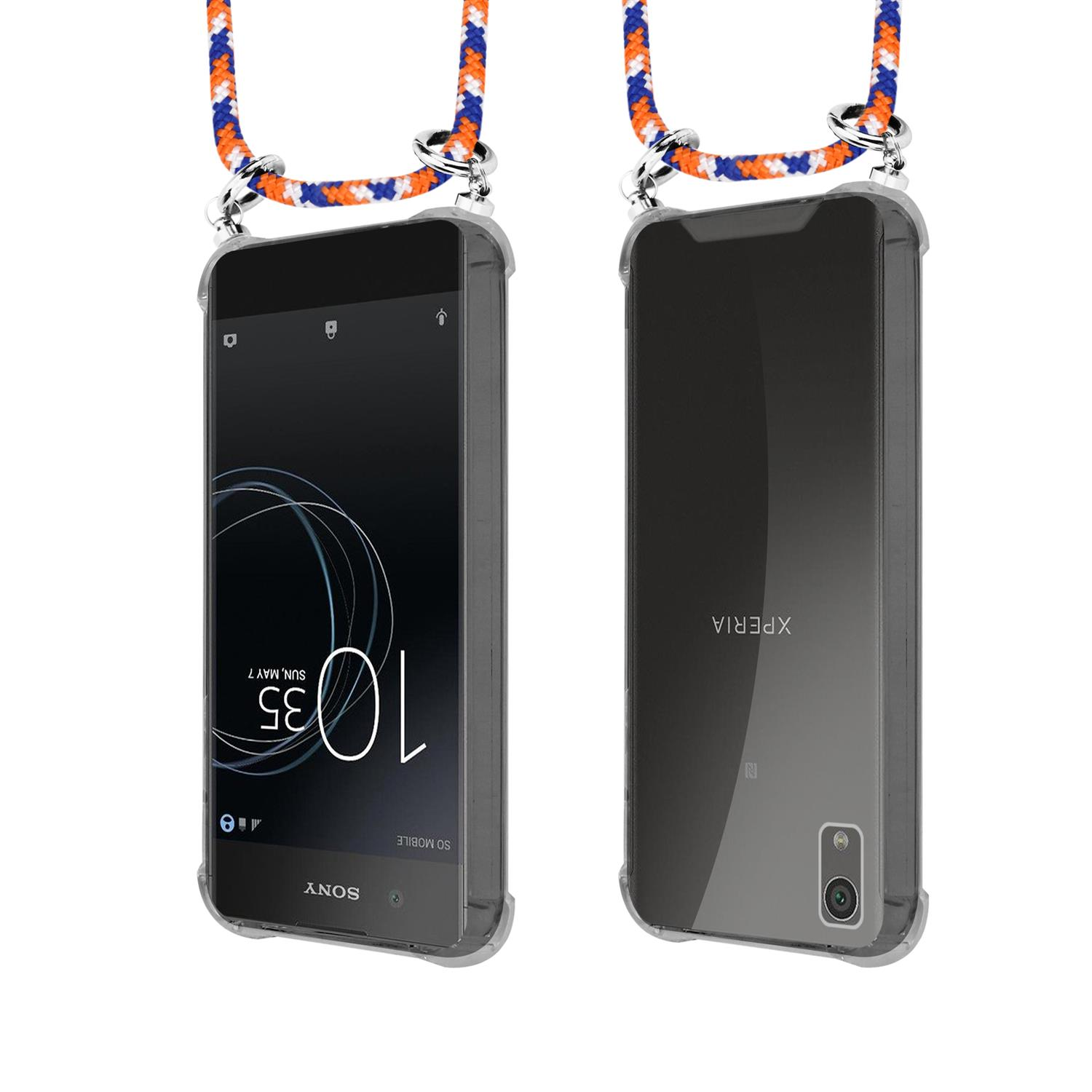 Zwei Telefone, umhüllt von transparenten Hüllen, mit bunten Lanyards. Das rechte Telefon zeigt Xperia.