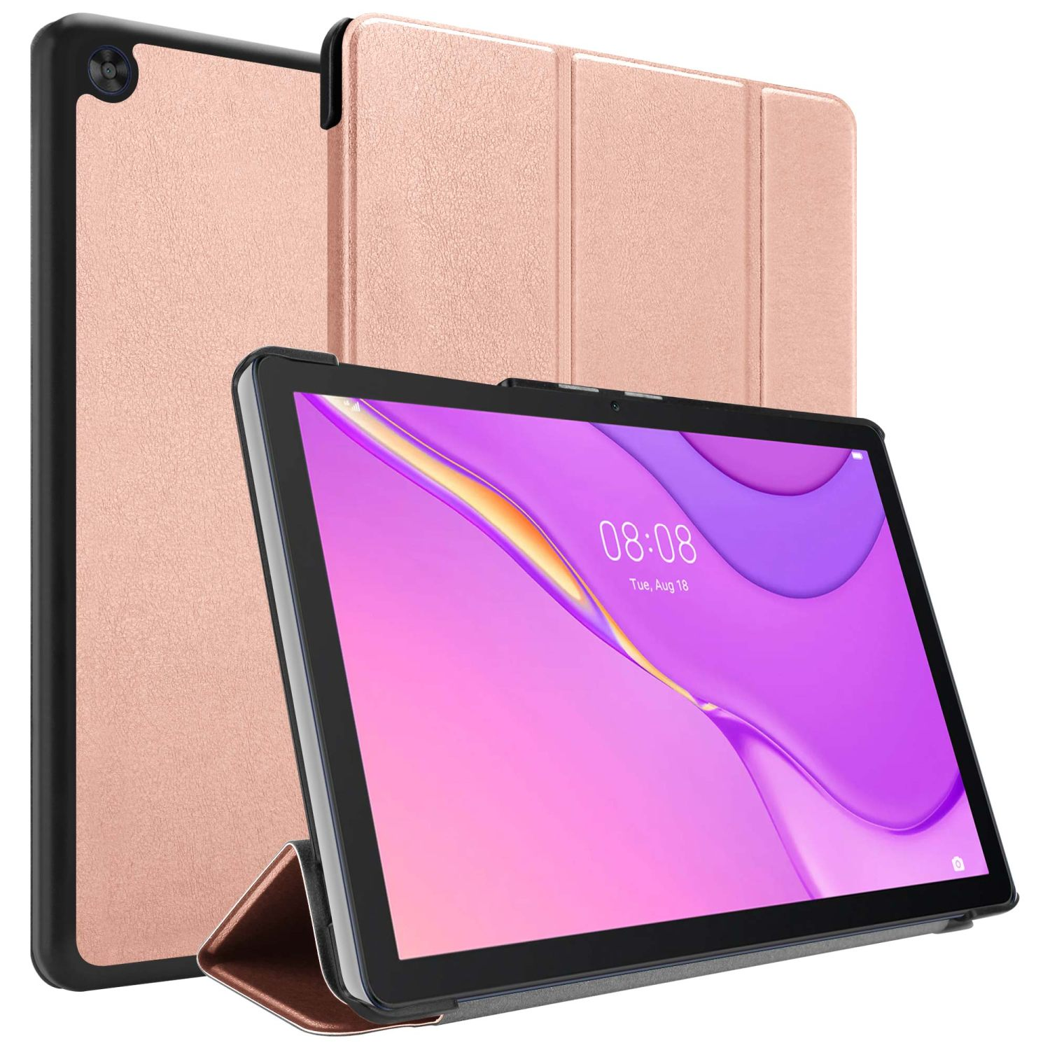 Tablet in rosafarbener Hülle. Text: 08:08, Di, 18. Aug. Hülle steht aufrecht.