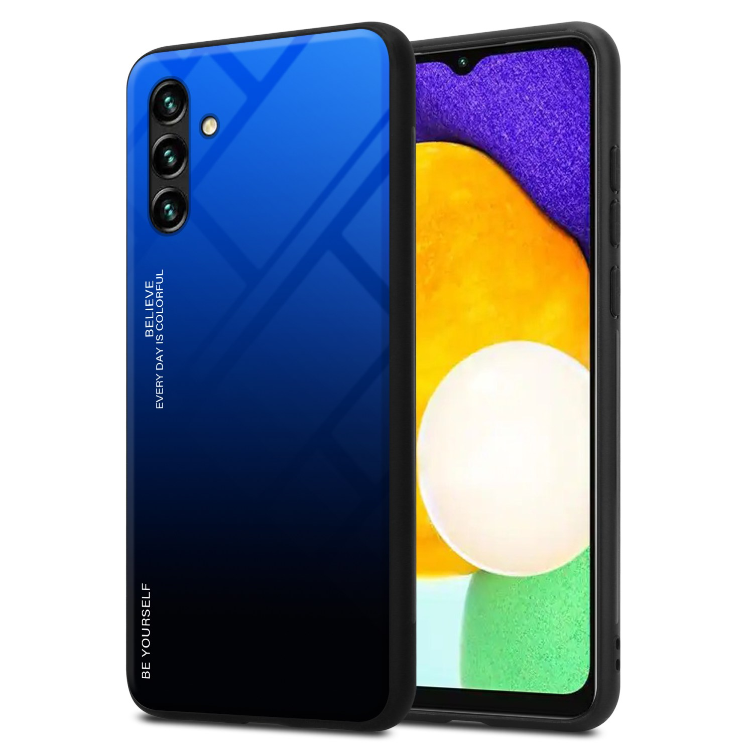 Blaues Gradienten-Handycase, das ein Telefon zeigt. Auf dem Case steht: „BELIEVE EVERY DAY IS COLORFUL“.