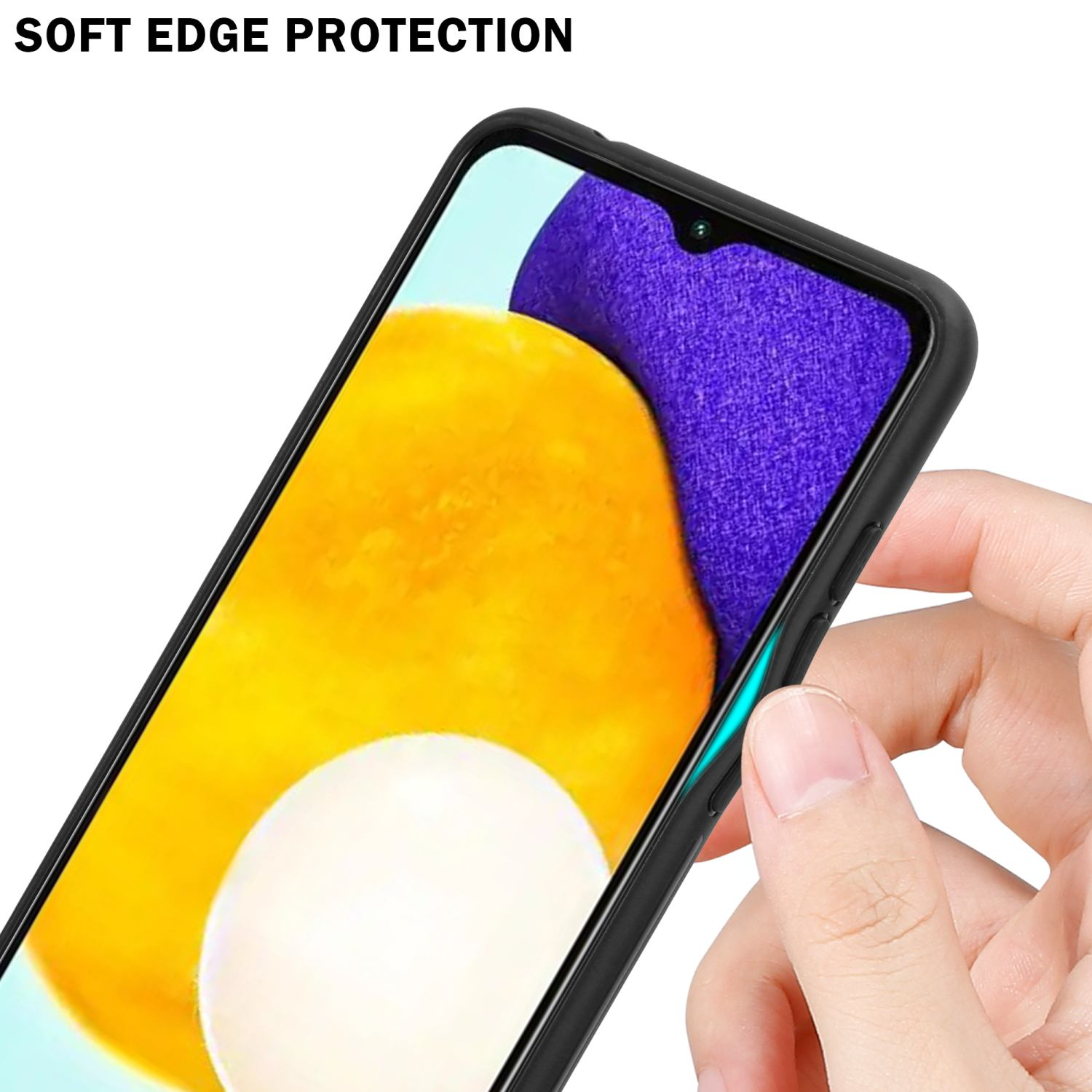 Eine Hand hält ein Telefon mit einer schwarzen Hülle. Die Hülle zeigt einen weichen Kantenschutz. Ein gelb-weißer Hintergrund.