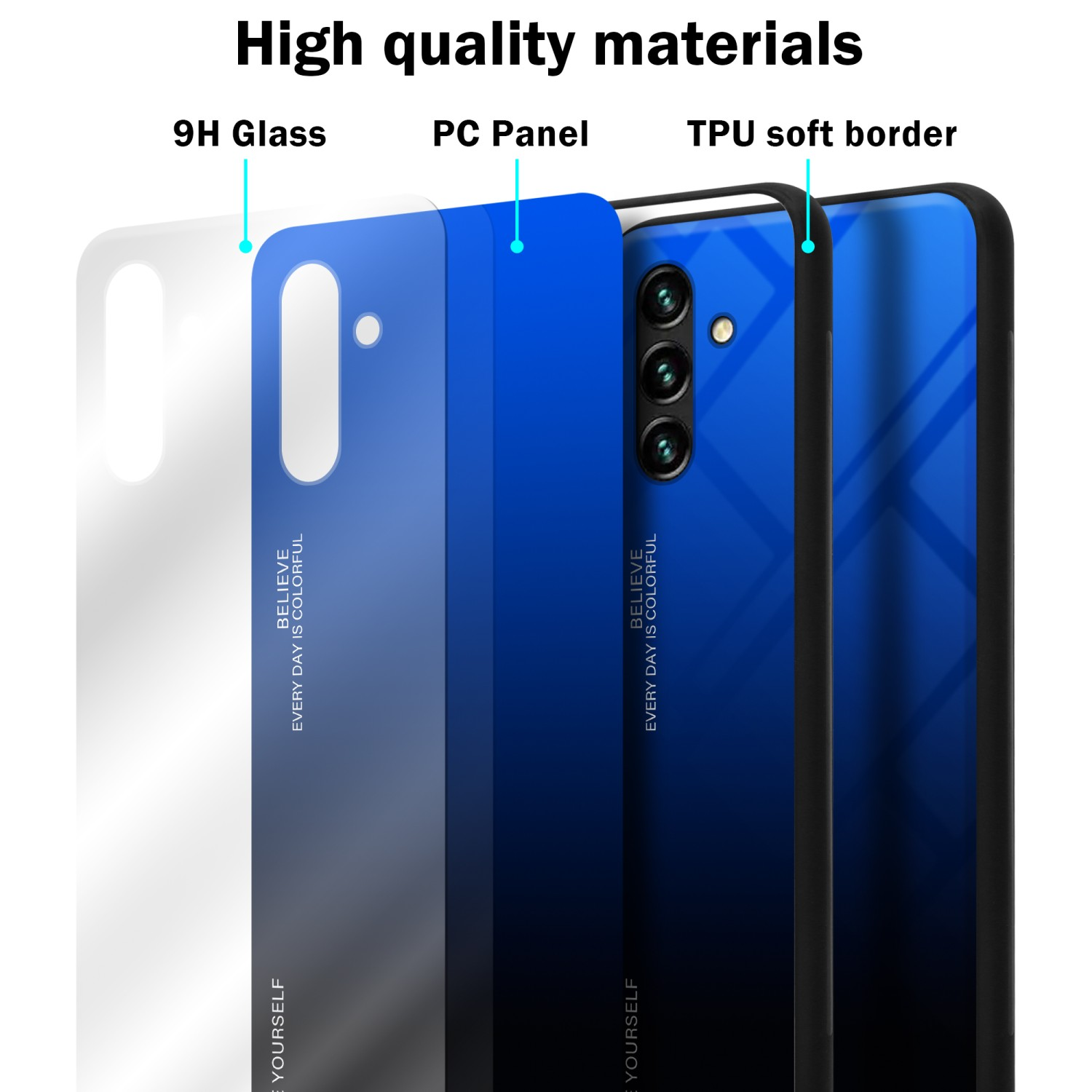 Handyhülle zeigt die Schichten: 9H Glas, PC Panel und TPU-Weichrand. Das Telefon ist blau und schwarz.