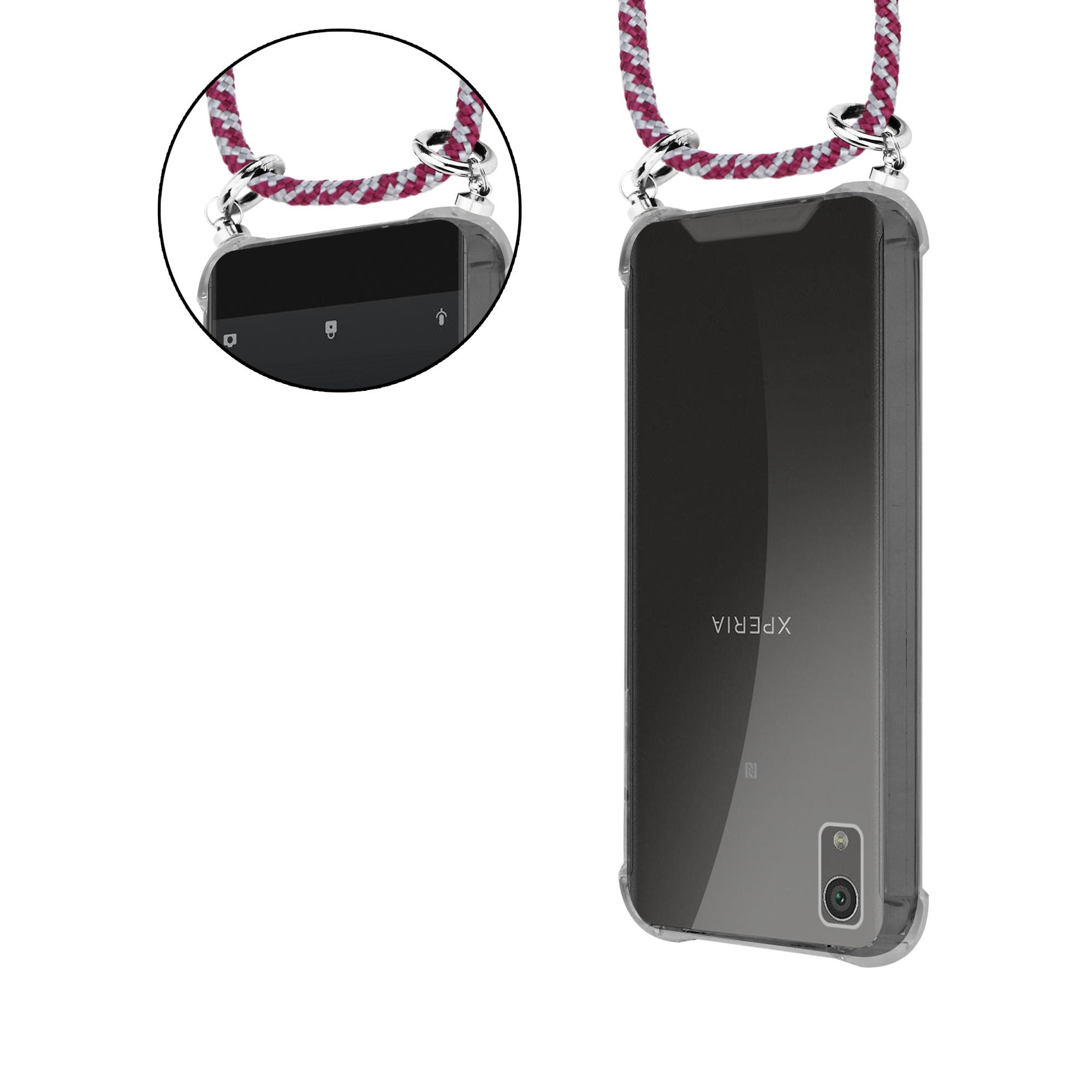 Zwei Telefone mit transparenten Hüllen und einem Lanyard. Der Hintergrund ist weiß.