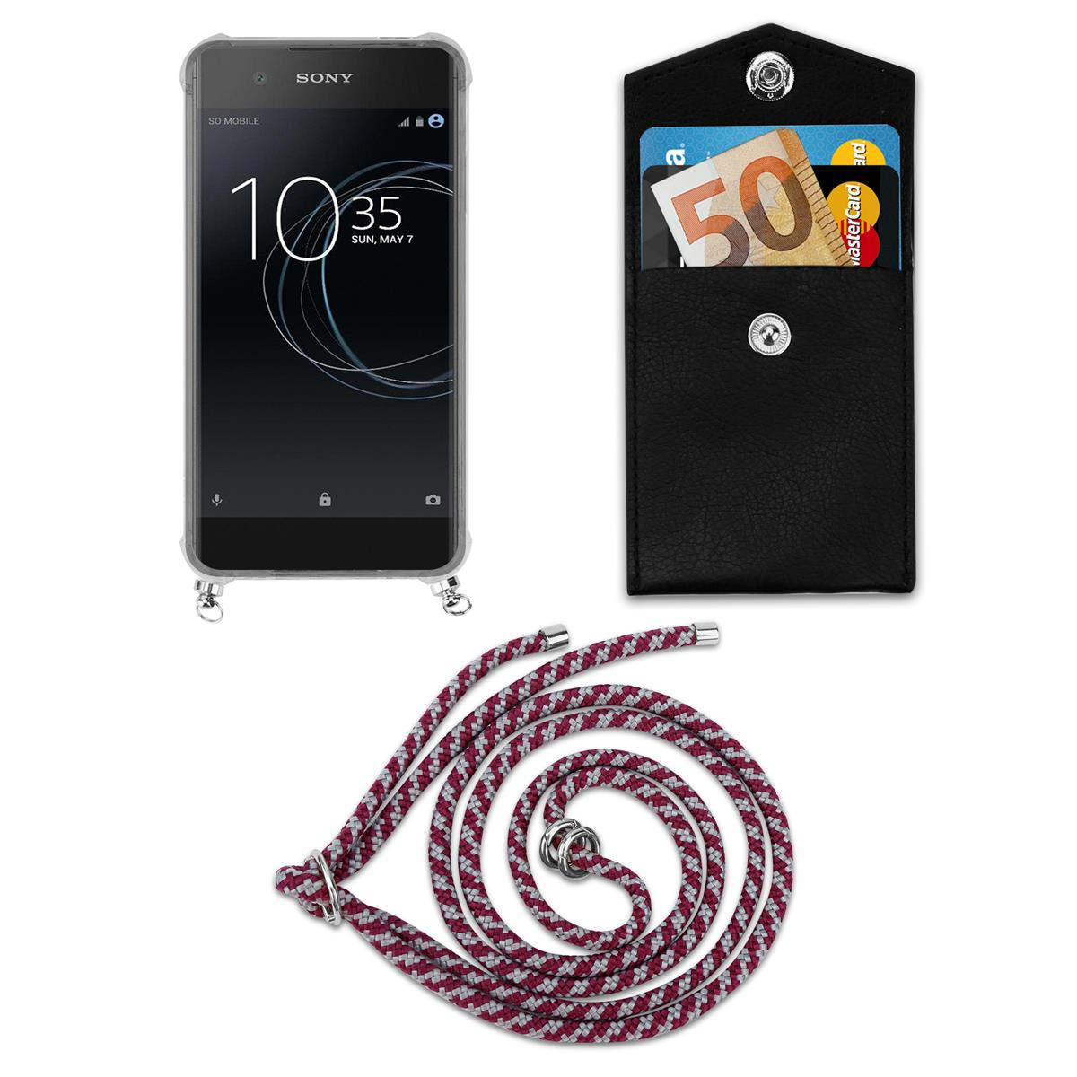 Sony-Telefon, schwarze Leder-Handyhülle mit Karten und roter und weißer Handyschlaufe.