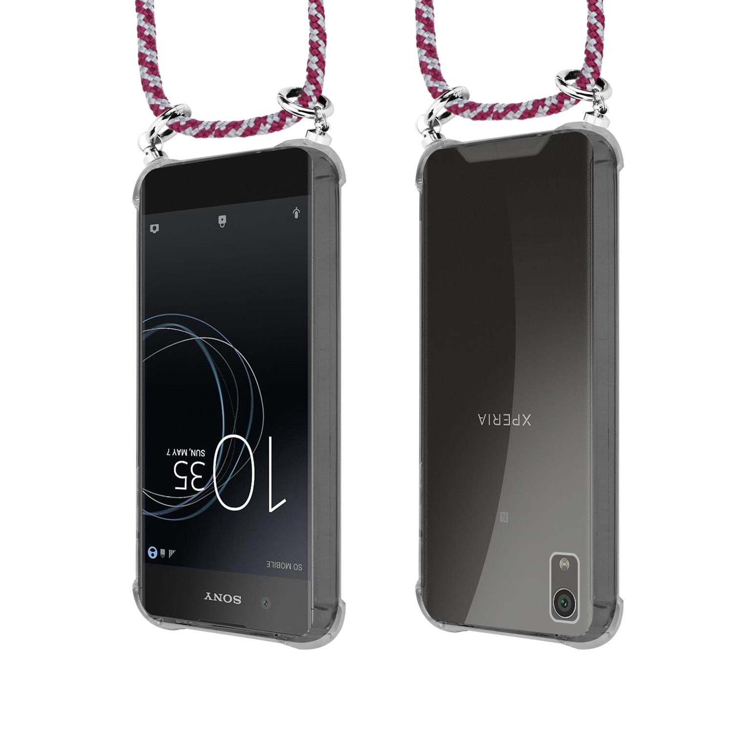 Transparente Handyhülle mit Lanyard. Telefon ist schwarz. Rotes und weißes Lanyard.