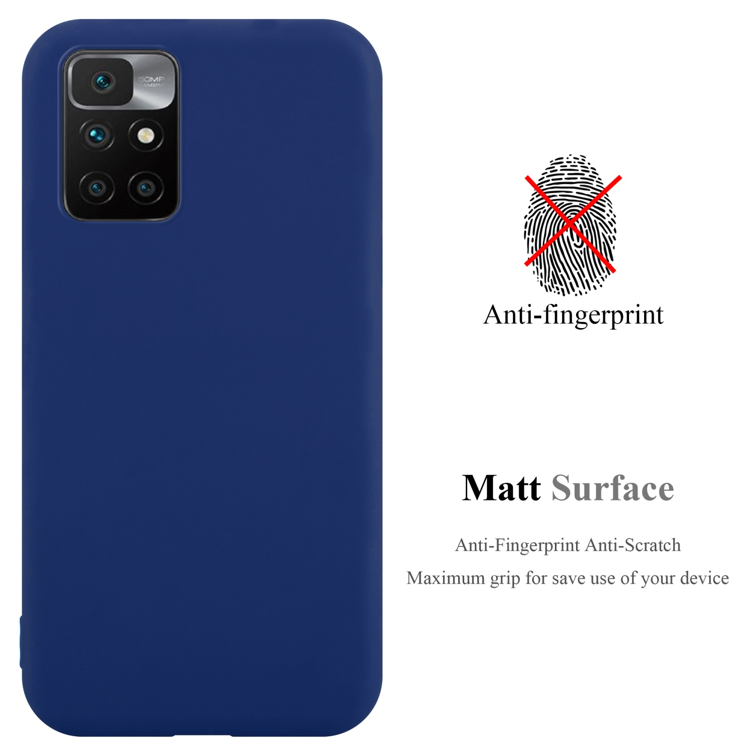 Custodia blu navy con fotocamera. Il testo indica anti-impronta e superficie opaca.