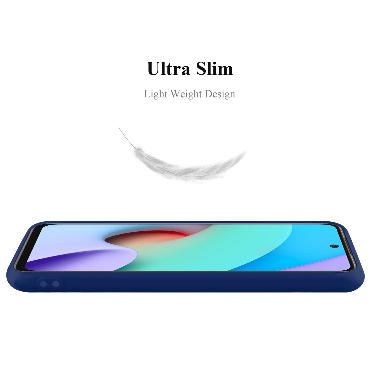 Una custodia per telefono blu scuro appoggiata. Una piuma bianca fluttua sopra.