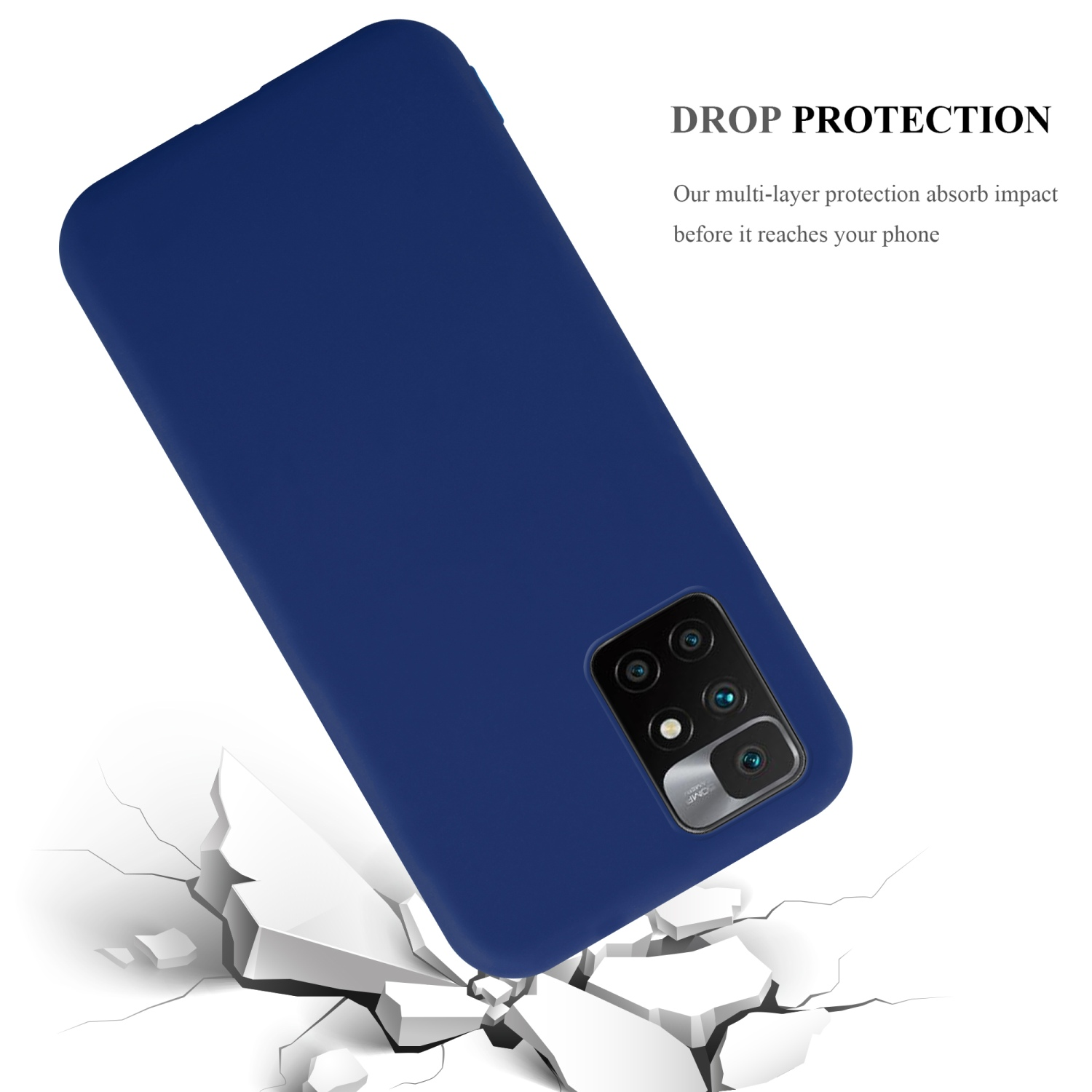 Custodia blu per telefono con telefono all'interno. La custodia è su una superficie bianca con effetto incrinato.
