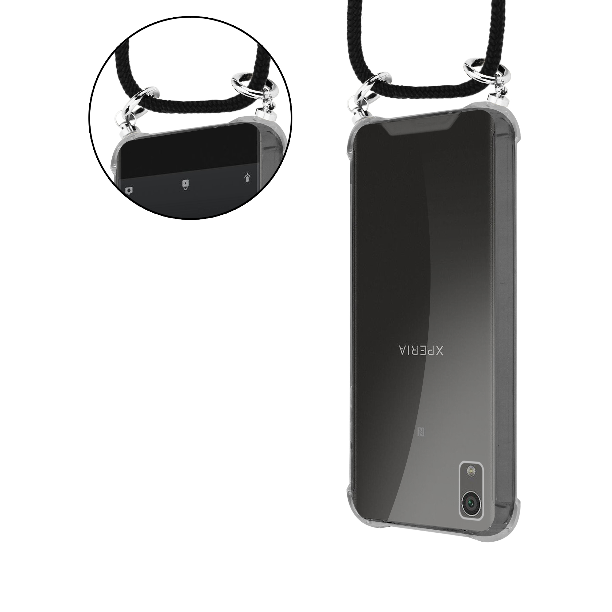 Schwarzes Telefon in einer transparenten Hülle mit schwarzem Kabel. Das Telefon befindet sich vor weißem Hintergrund.
