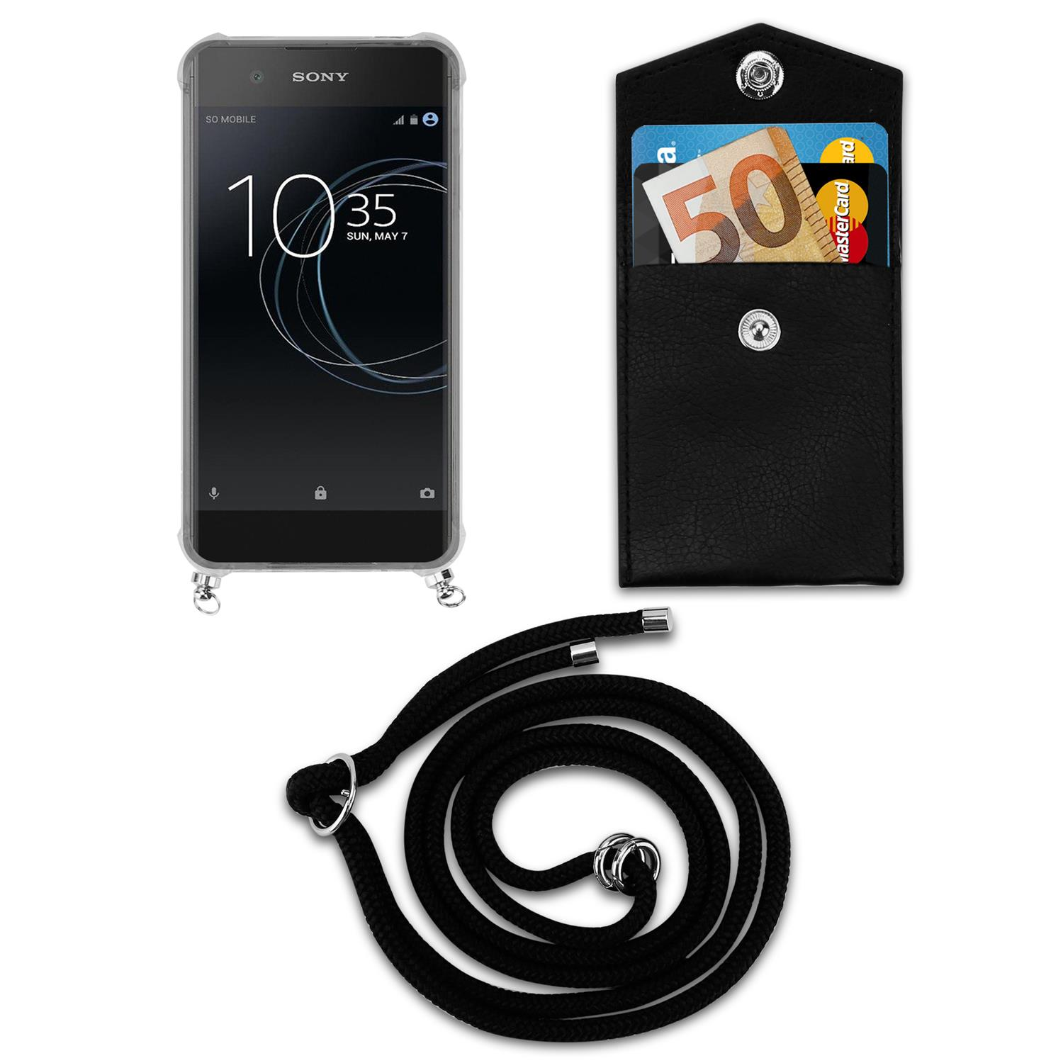 Telefon, schwarze Lederhülle mit Karten und ein Schlüsselband auf weißer Oberfläche.