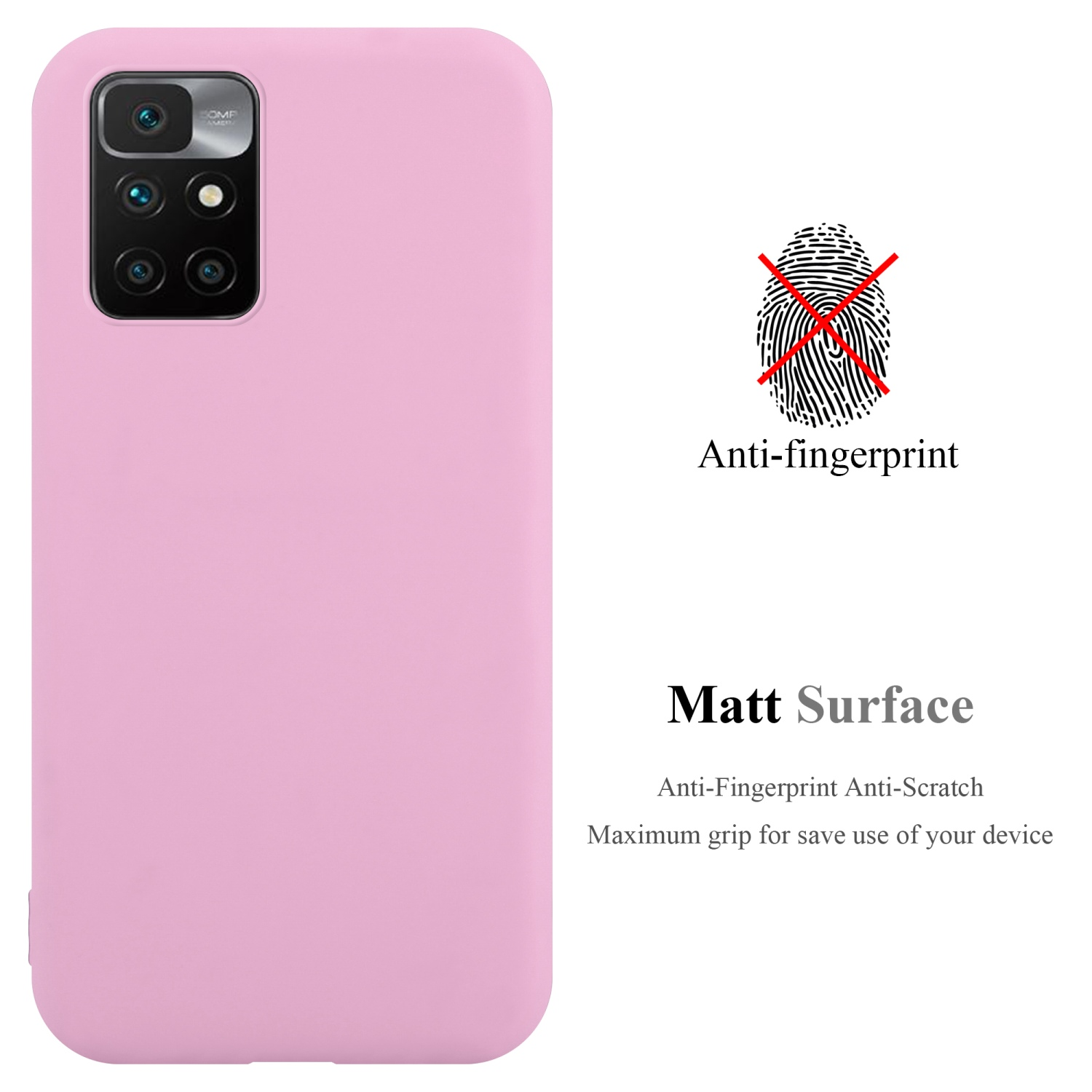 Custodia rosa per telefono, anti-impronte, superficie opaca. Il telefono è inserito.