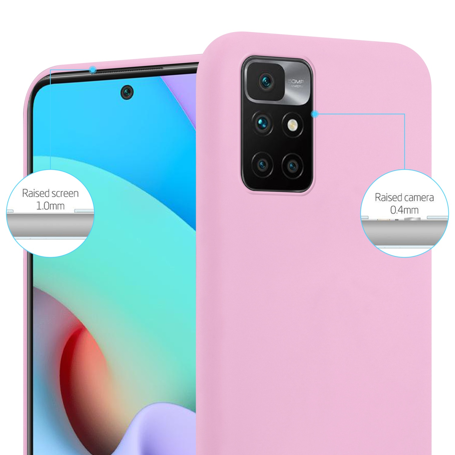 Custodia per telefono rosa con telefono. Mostra schermo rialzato e protezione della fotocamera. Testo: Schermo rialzato.