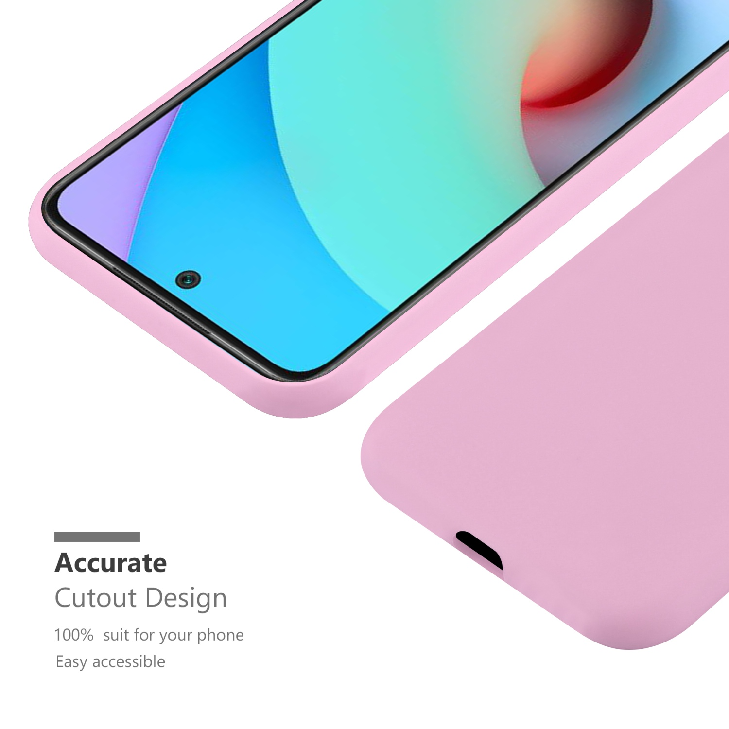Custodia per telefono rosa con telefono. Testo: Design di ritaglio accurato. Il telefono ha uno schermo blu.