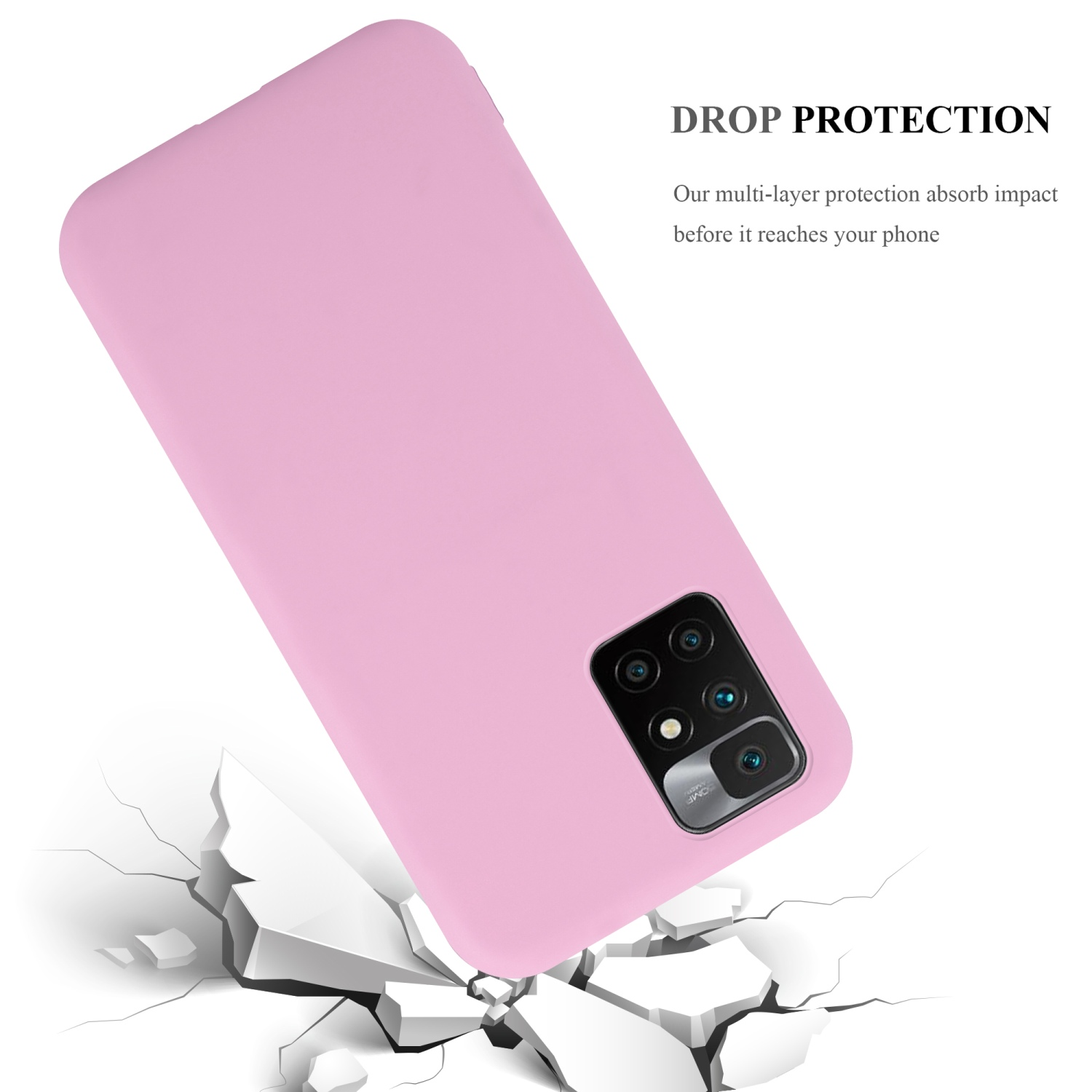 Custodia rosa per telefono su terreno crepato. Testo: Protezione anticaduta. La protezione multistrato assorbe gli urti.