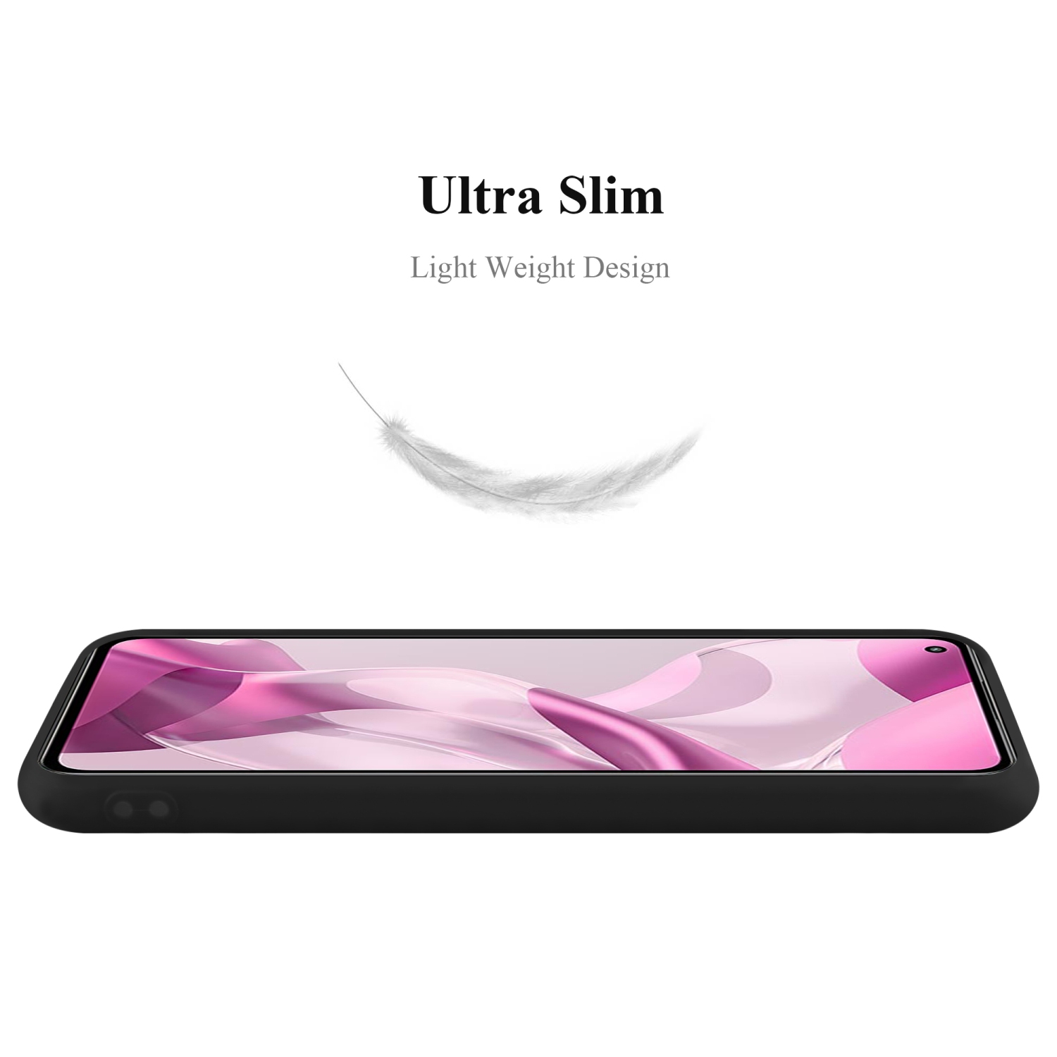Custodia nera per telefono con un telefono all'interno. Una piuma bianca fluttua sopra il telefono. Il testo recita, Ultra Slim.