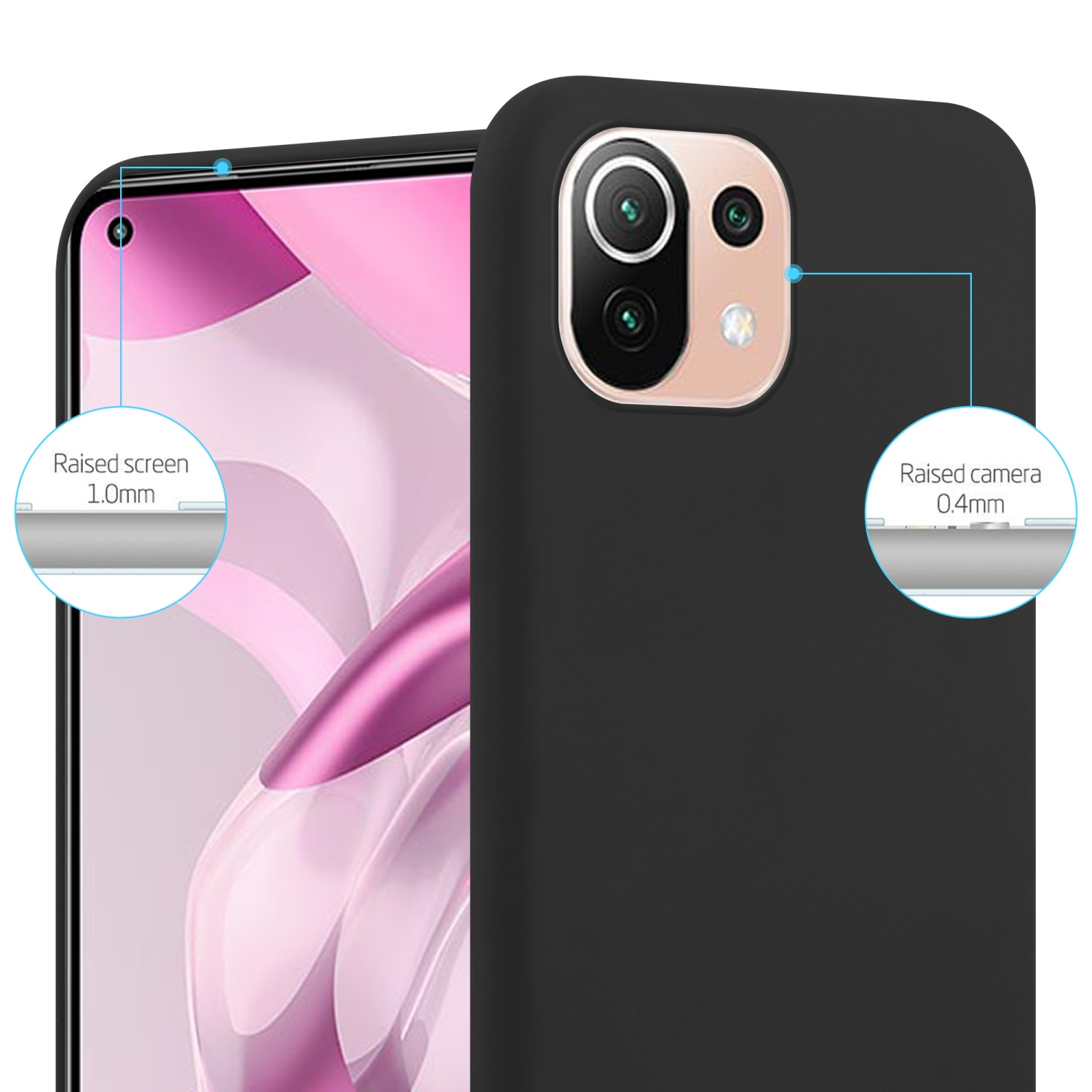 Custodia per telefono nera con un telefono all'interno. Il testo mostra schermo e fotocamera rialzati. Lo schermo rialzato è 1,0 mm, la fotocamera 0,4 mm.