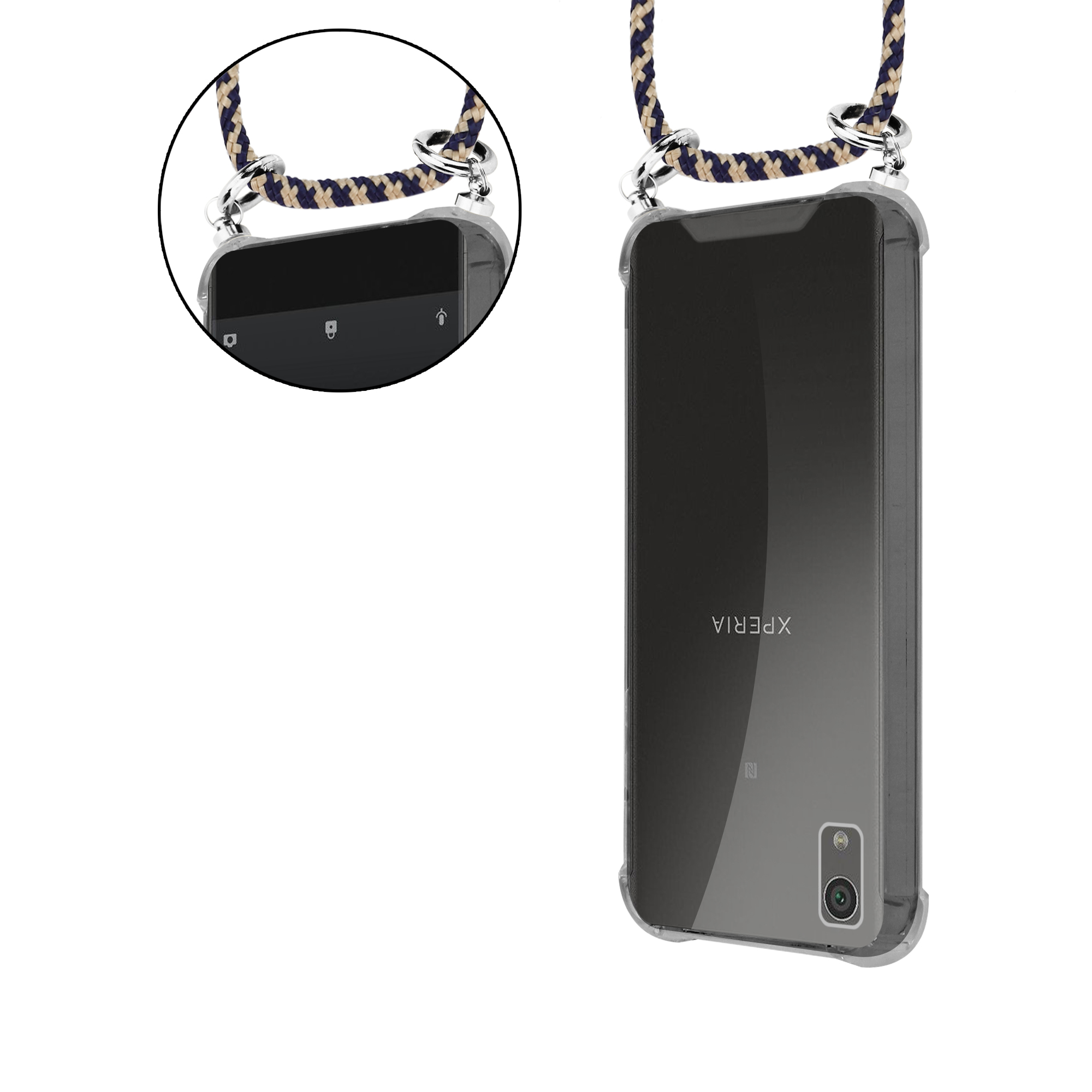 Transparente Handyhülle mit gemustertem Schlüsselband. Das Telefon ist sichtbar.
