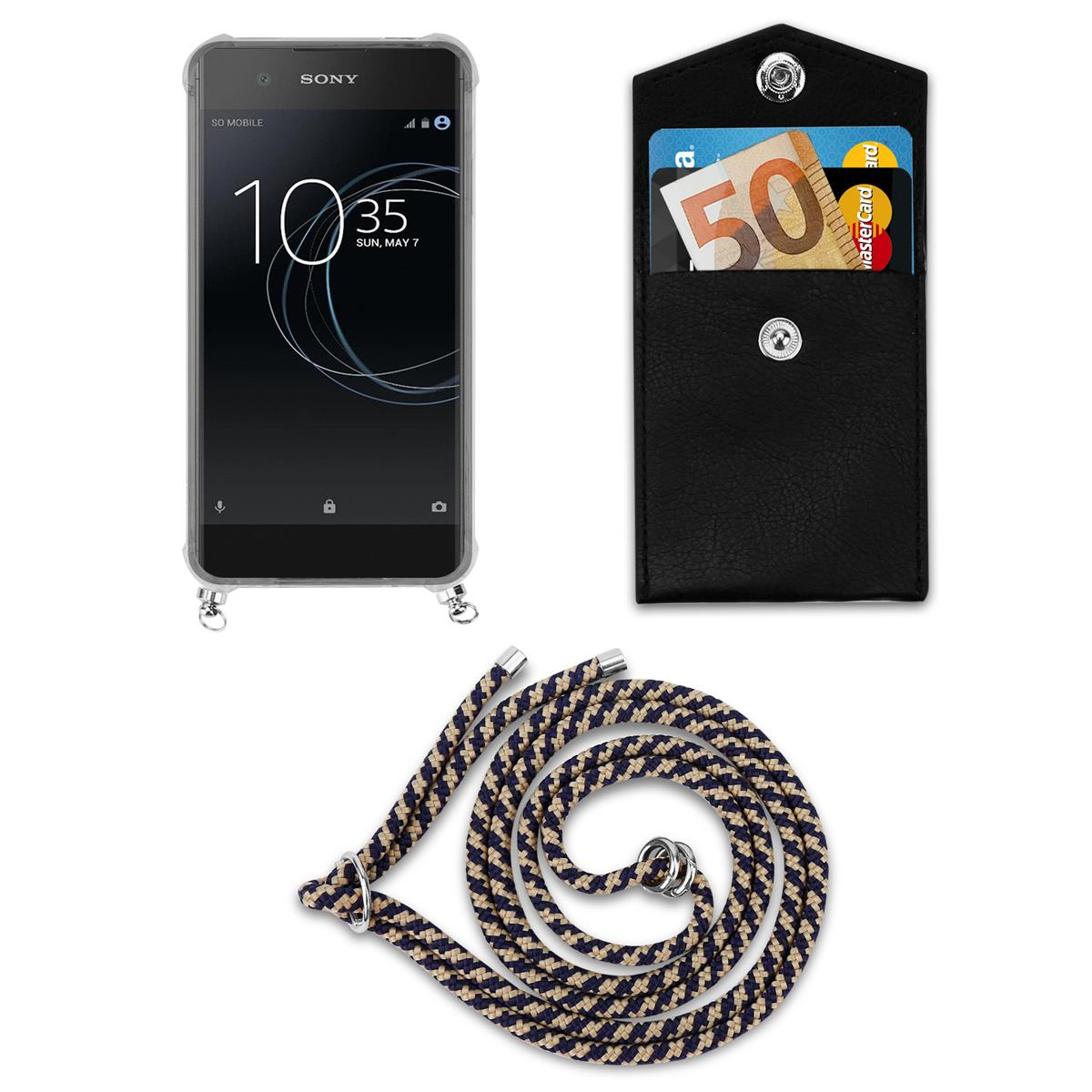 Ein Telefon, eine Brieftasche mit Karten und Geld und ein Schlüsselband. Das Telefon ist ein Sony. Die Brieftasche ist schwarz.