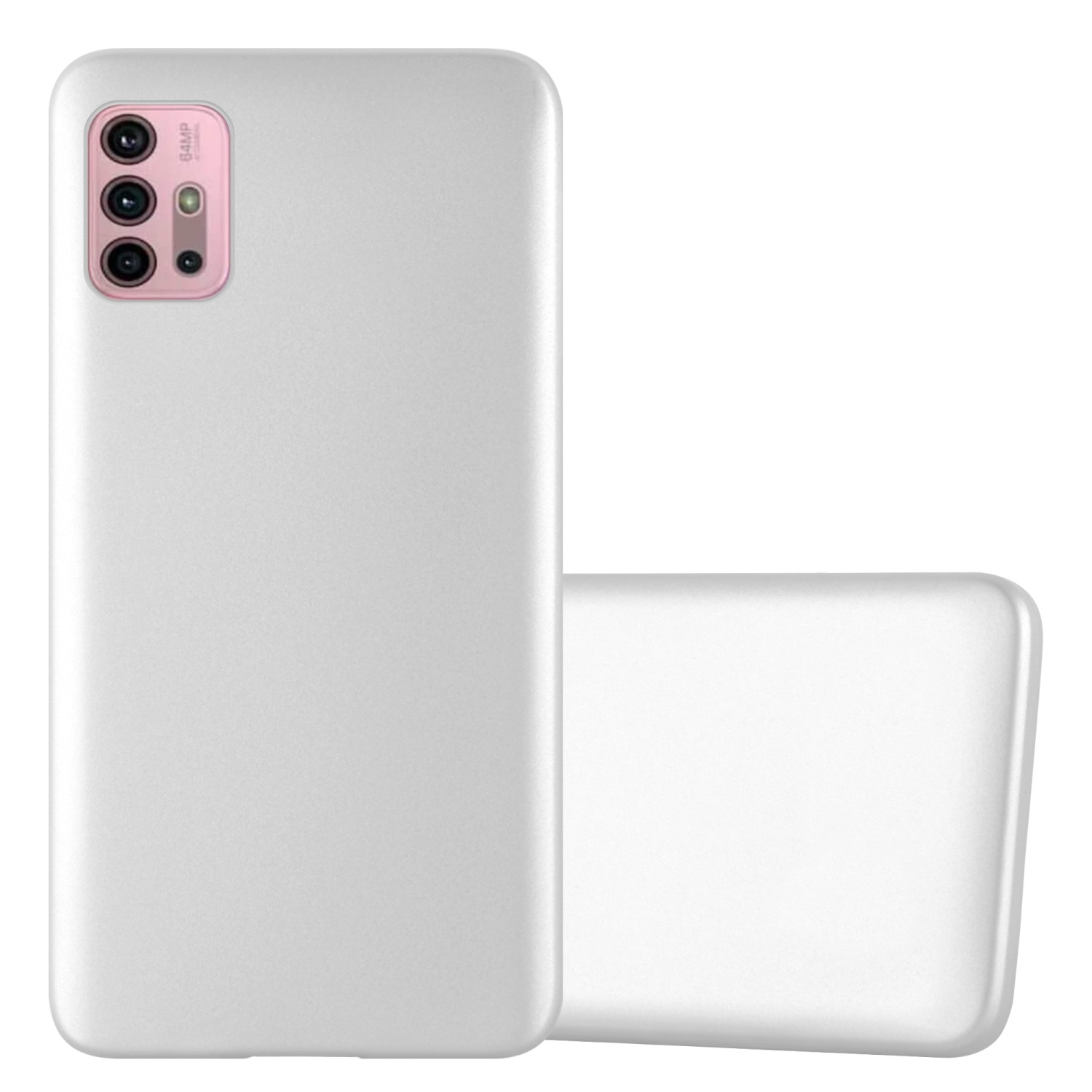 Custodia per telefono grigio chiaro. Anello fotocamera rosa. Sfondo bianco.