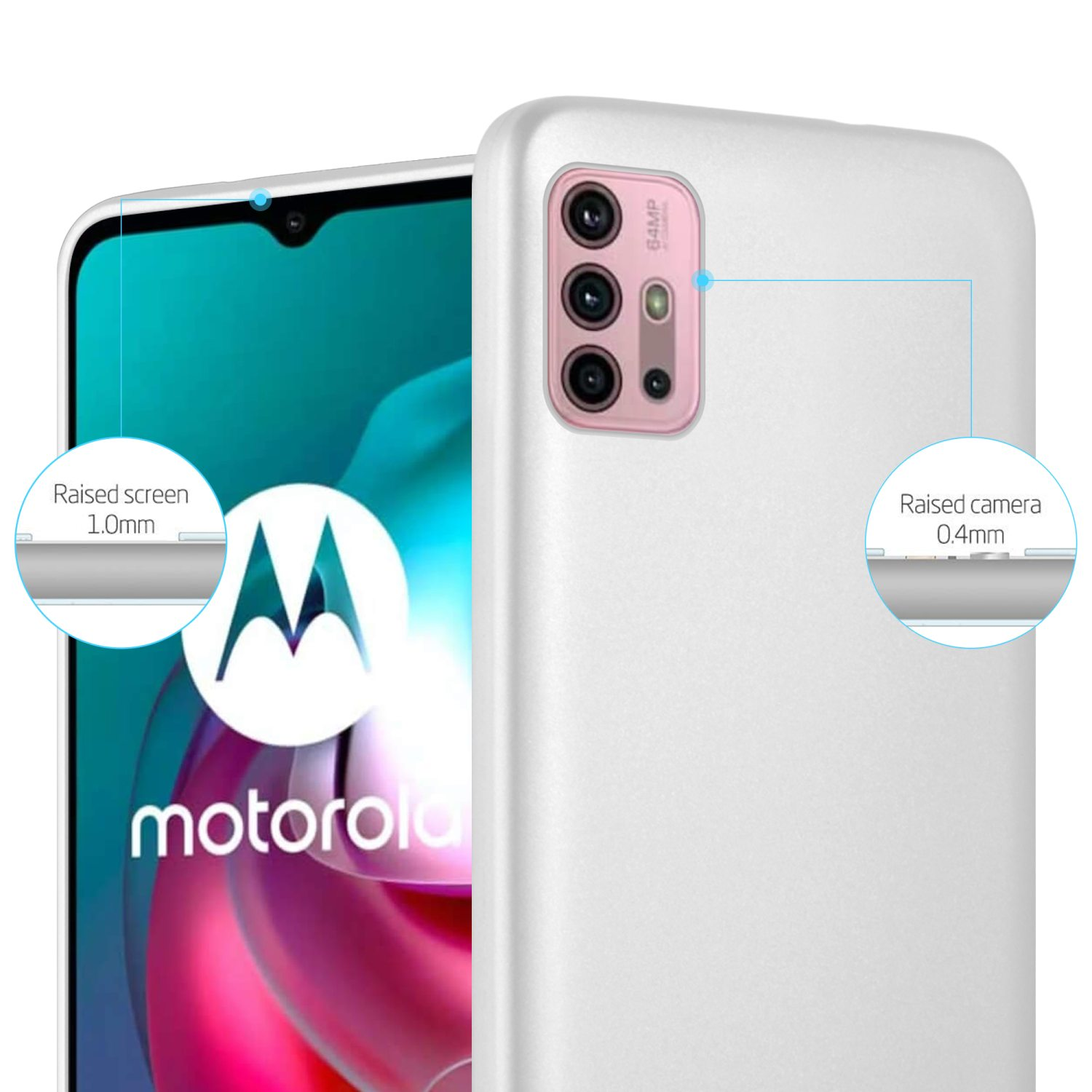 Custodia per telefono bianca con protezione schermo e fotocamera rialzata. Logo Motorola visibile sullo schermo.
