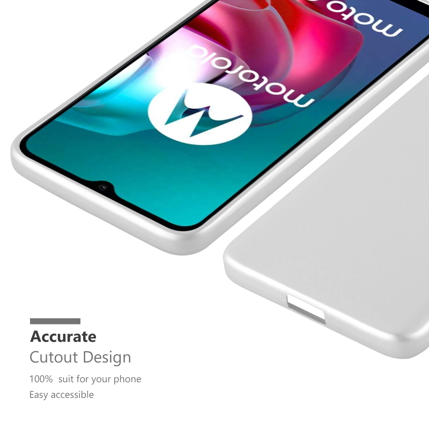 Una custodia per telefono argentata, che mostra il telefono e il logo Motorola.