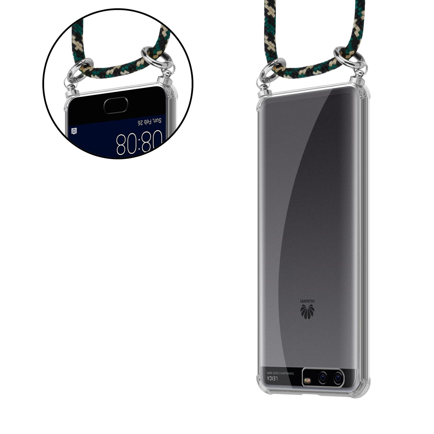 Ein Telefon mit einem Lanyard befestigt. Das Lanyard ist grün und schwarz.