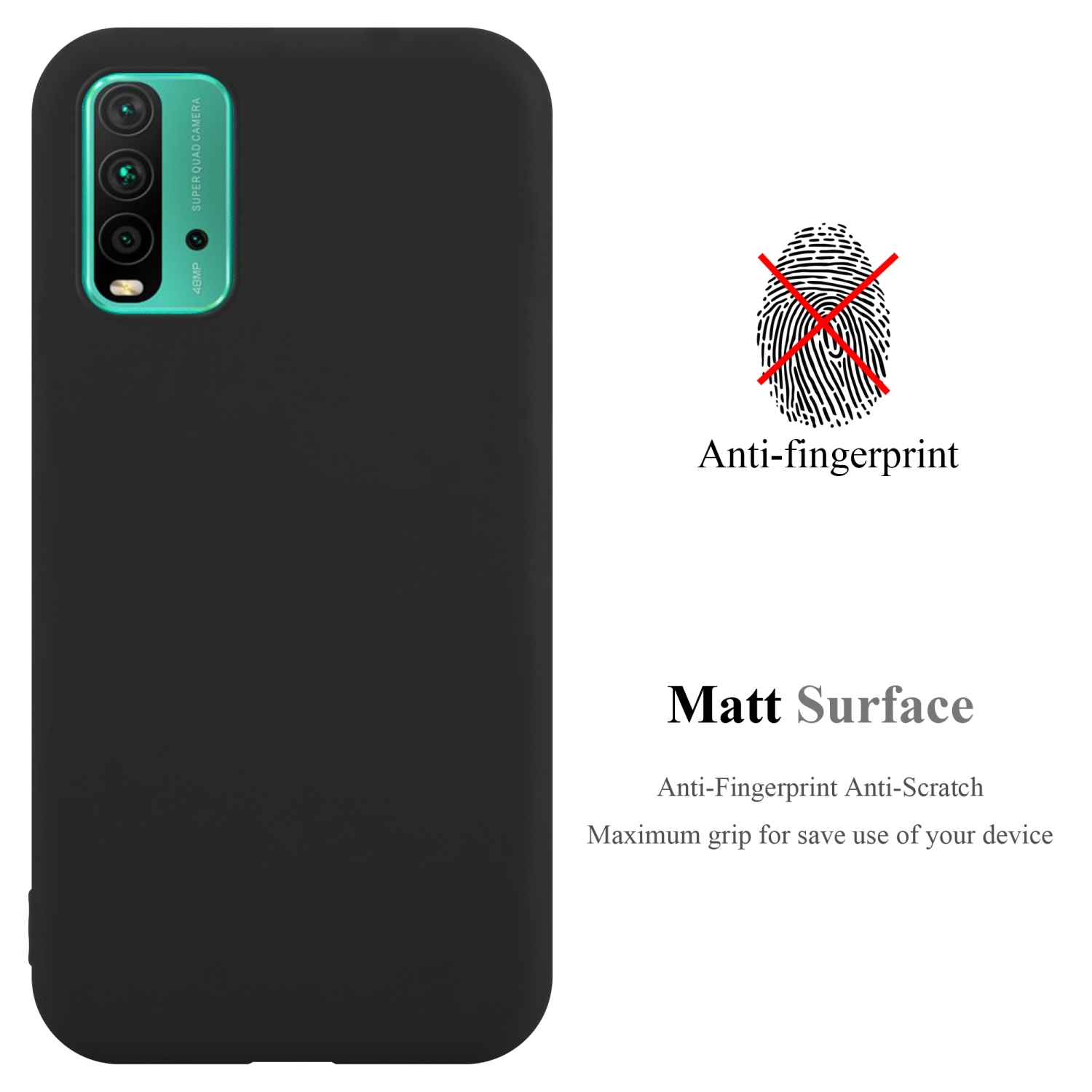 Schwarze Handyhülle mit Kamera und Anti-Fingerabdruck-Text.