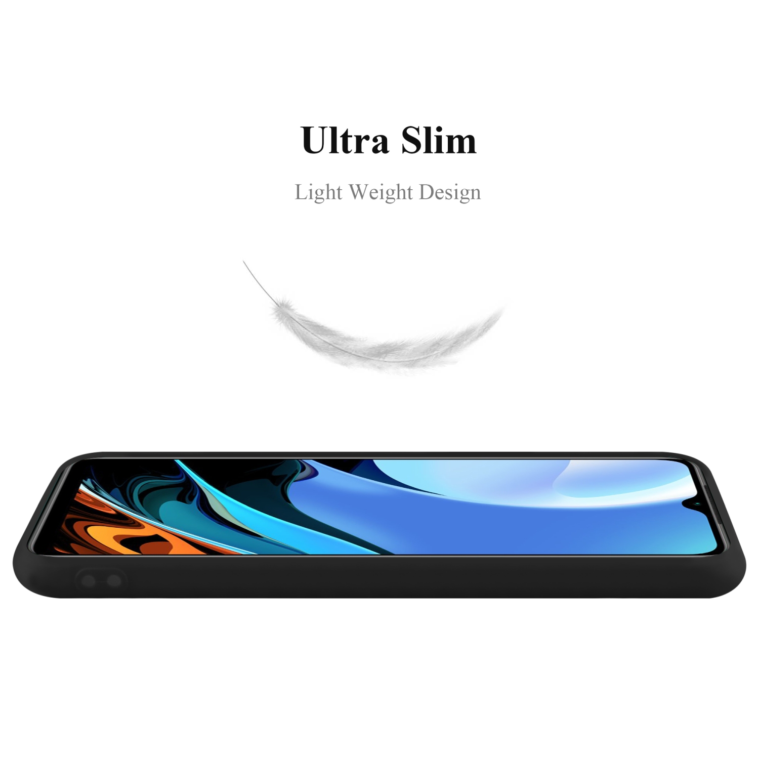 Schwarze Handyhülle mit Federgrafik oben, zeigt das Telefon von unten.
