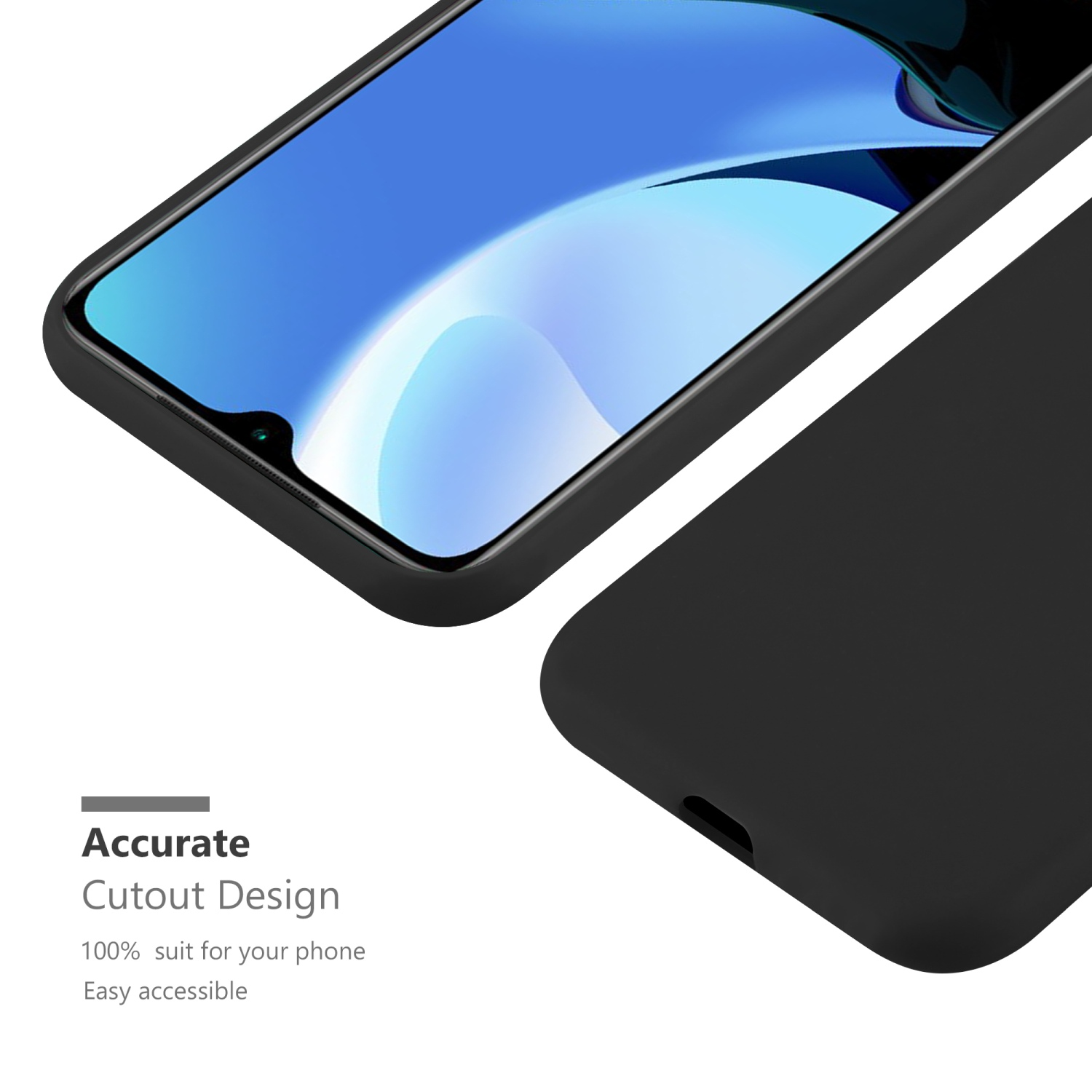 Schwarze Handyhülle mit Telefon. Text: 'Accurate Cutout Design'.