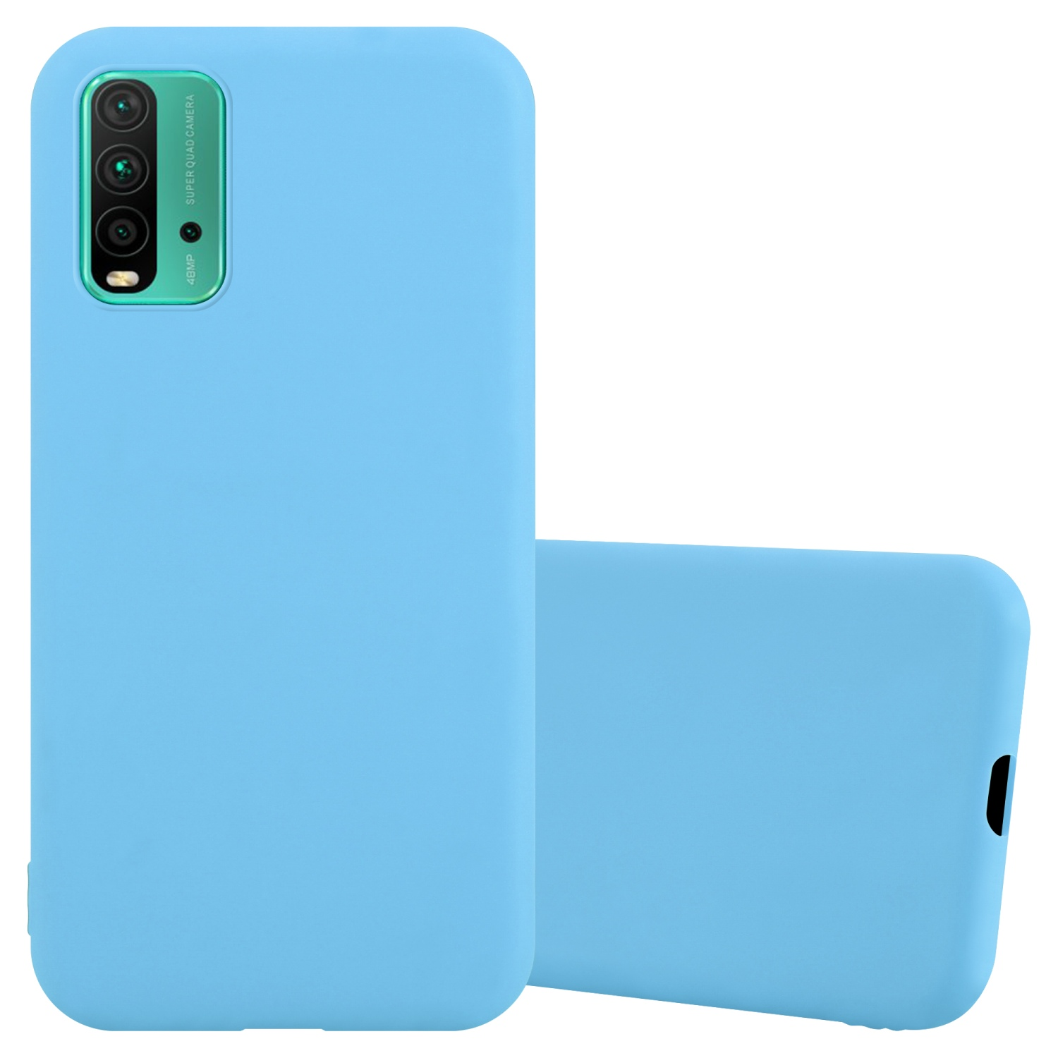 Due custodie azzurro chiaro per telefono. Una in piedi, una piatta. Tre obiettivi e un flash visibili sul retro.