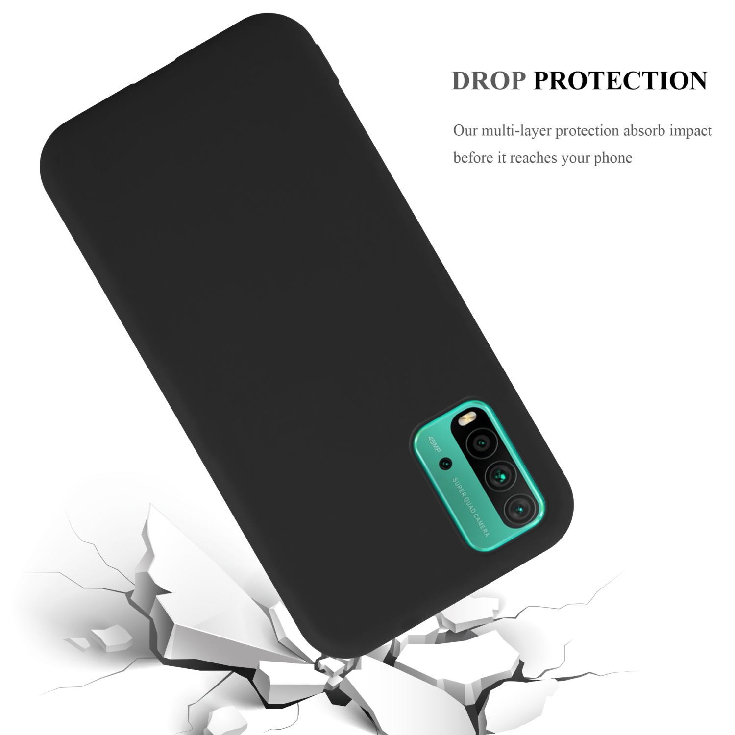 Schwarze Handyhülle, mit Telefon und Kamera. Text: Sturzschutz. Unser Mehrfachschutz.