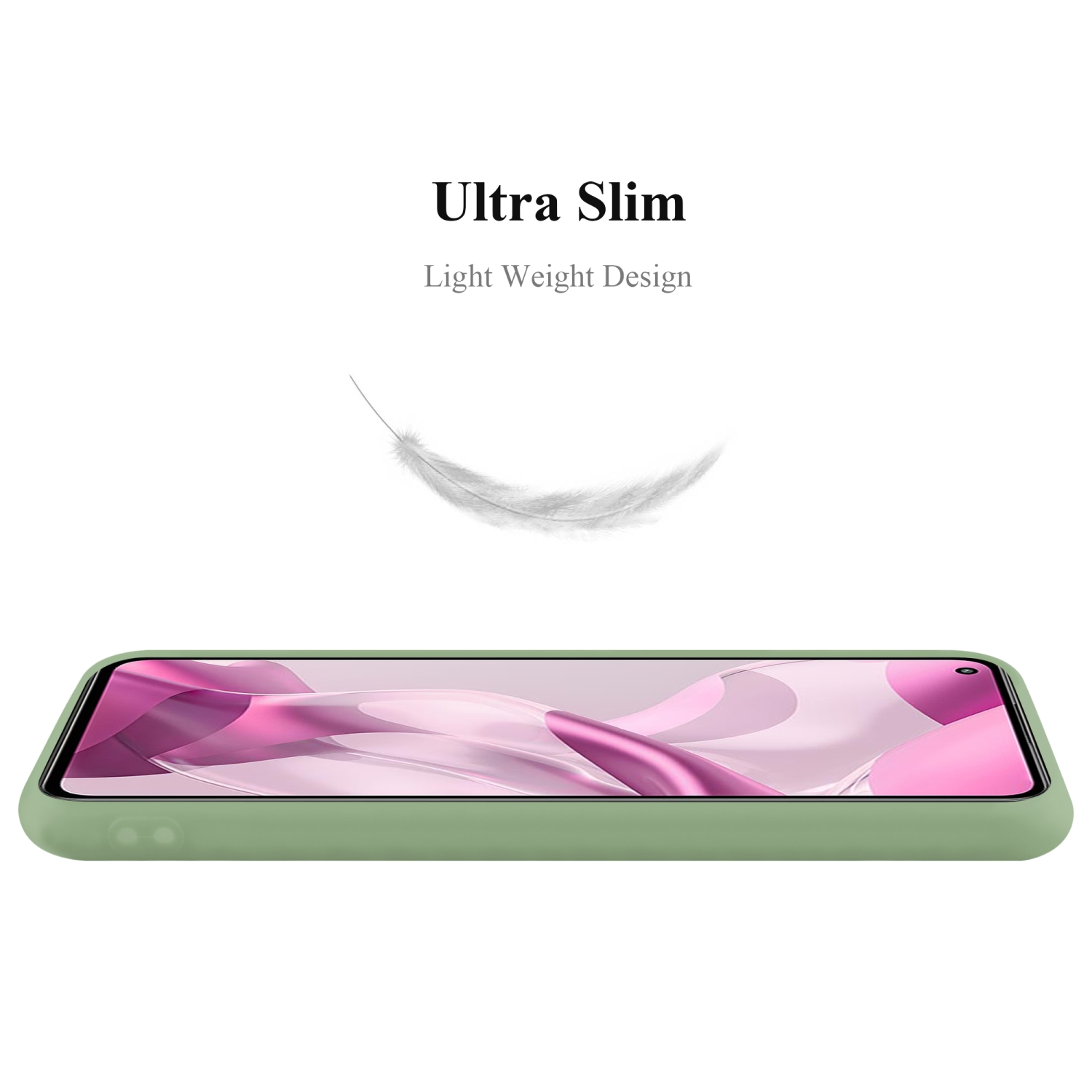 Mintgrüne Handyhülle. Eine Feder schwebt darüber. Text: 'Ultra Slim'.
