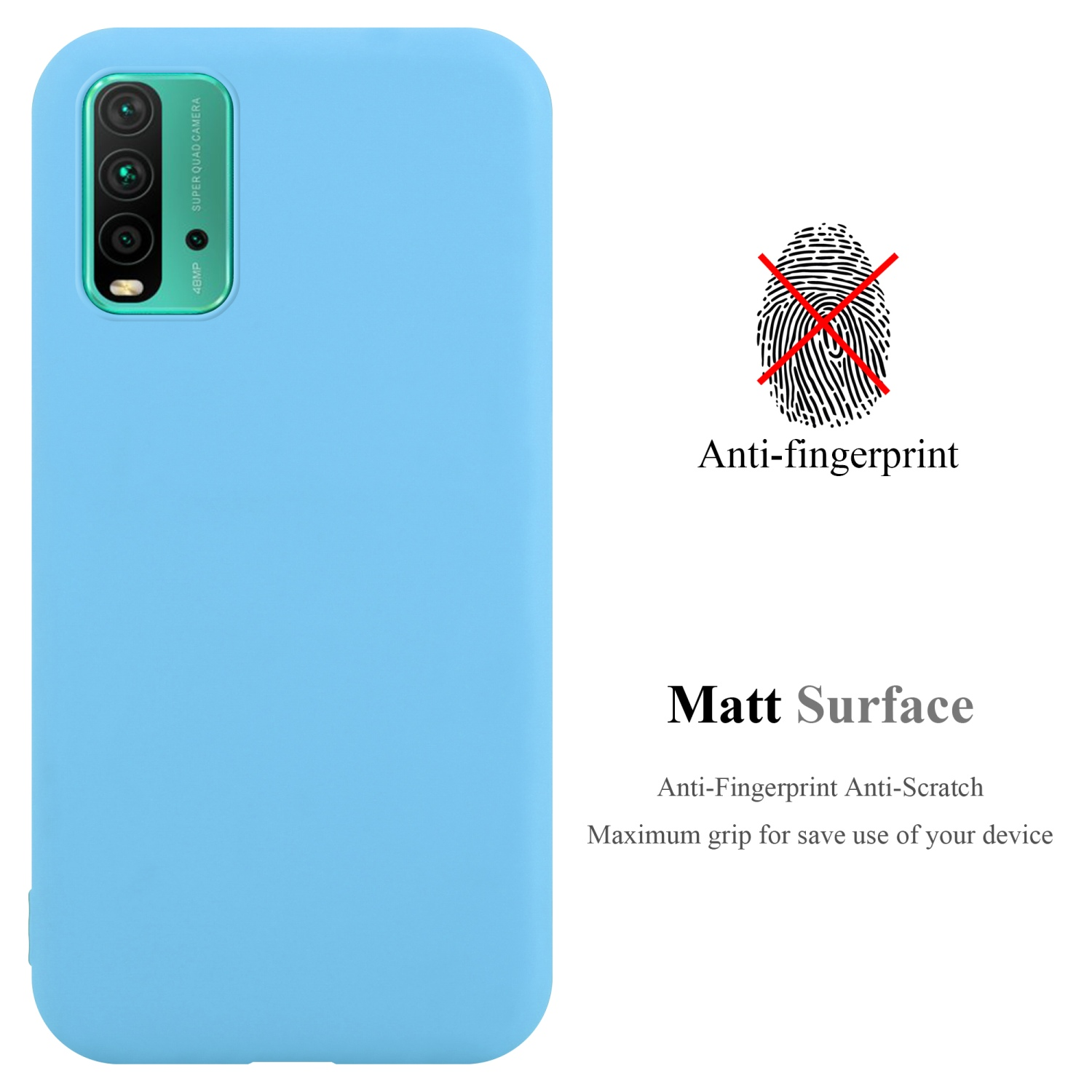 Custodia blu chiaro con telefono a sinistra. Testo: Anti-impronte, Superficie opaca.