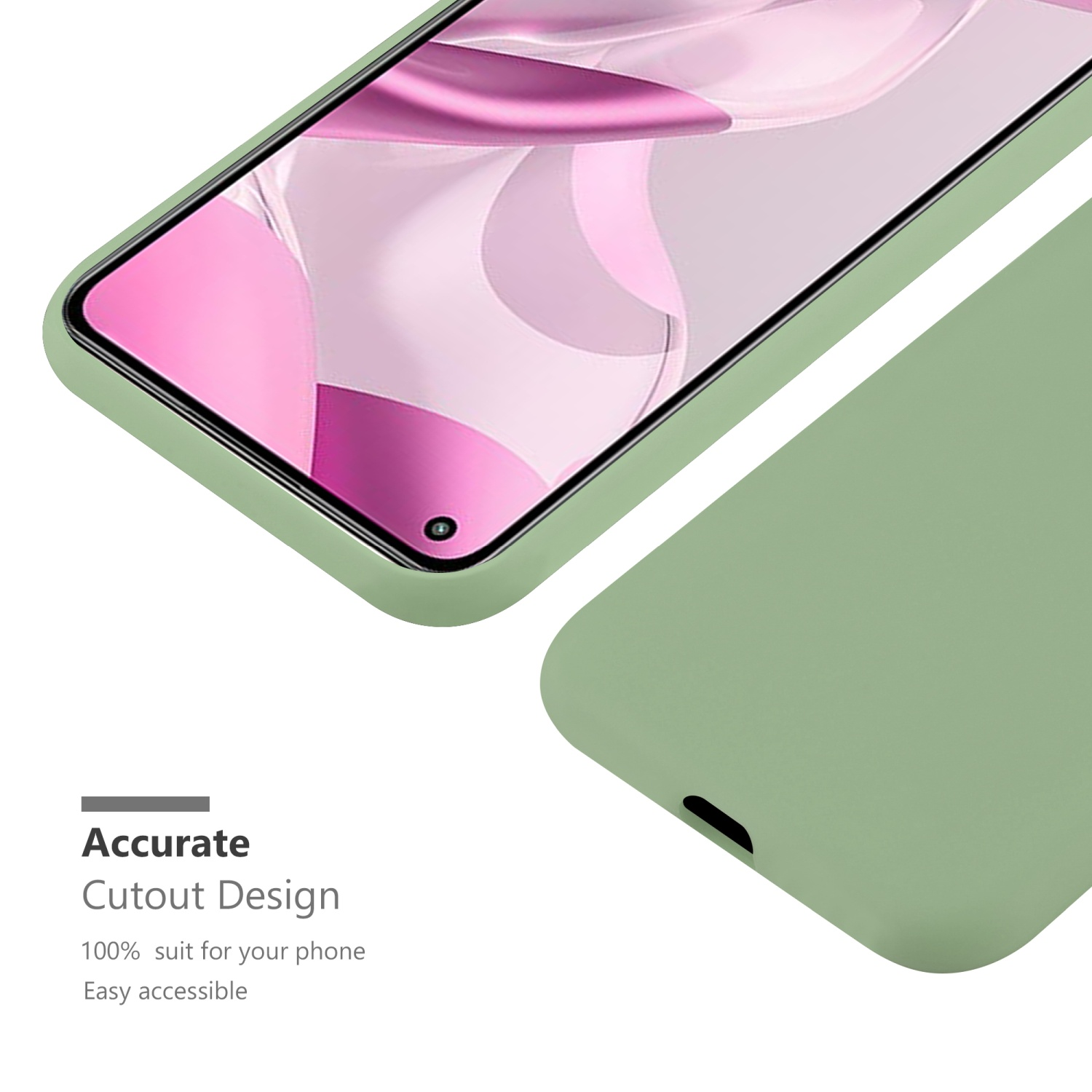Grüne Handyhülle, Telefon eingesetzt. Ausschnittdesign, leicht zugänglich, weißer Hintergrund.