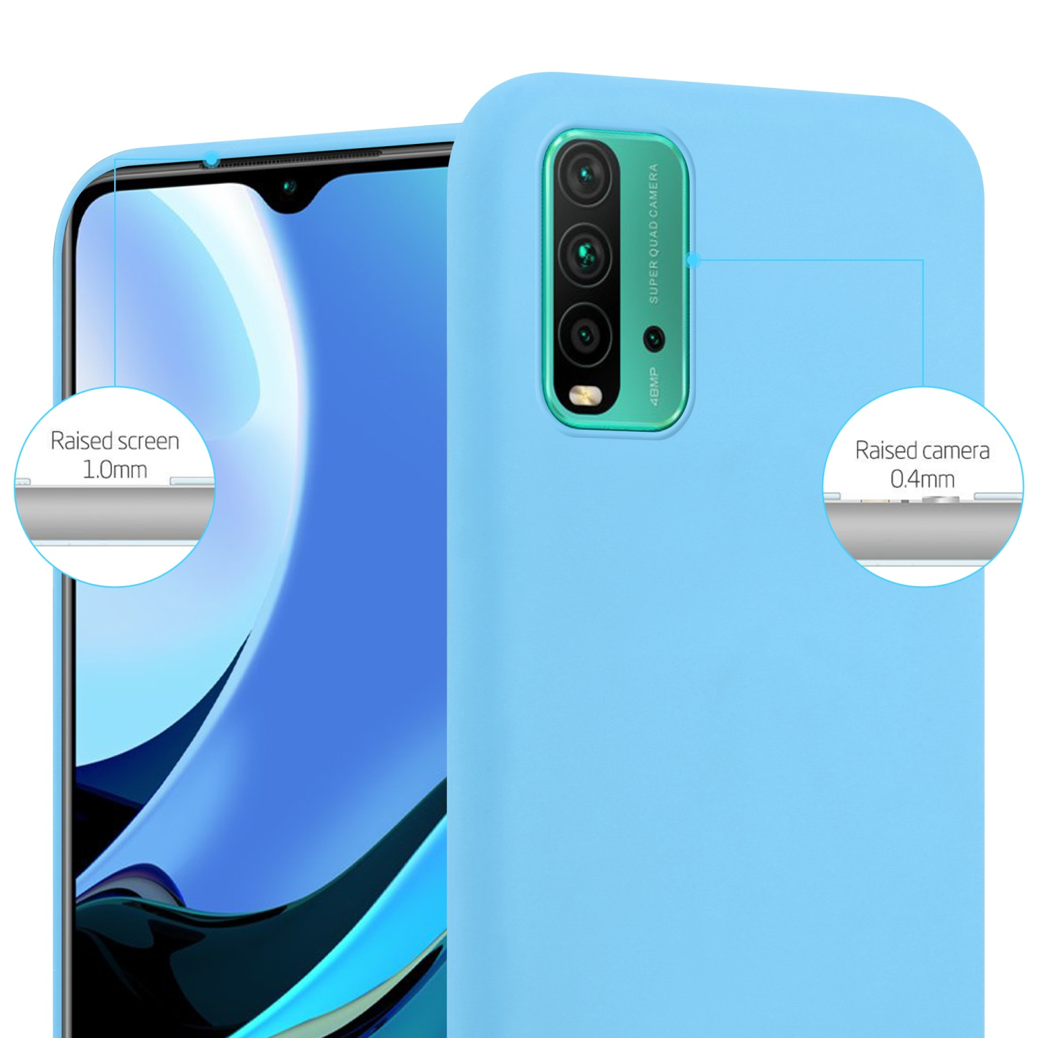 Una custodia per telefono azzurra, che mostra la fotocamera e lo schermo. Testo che indica la protezione elevata dello schermo e della fotocamera.
