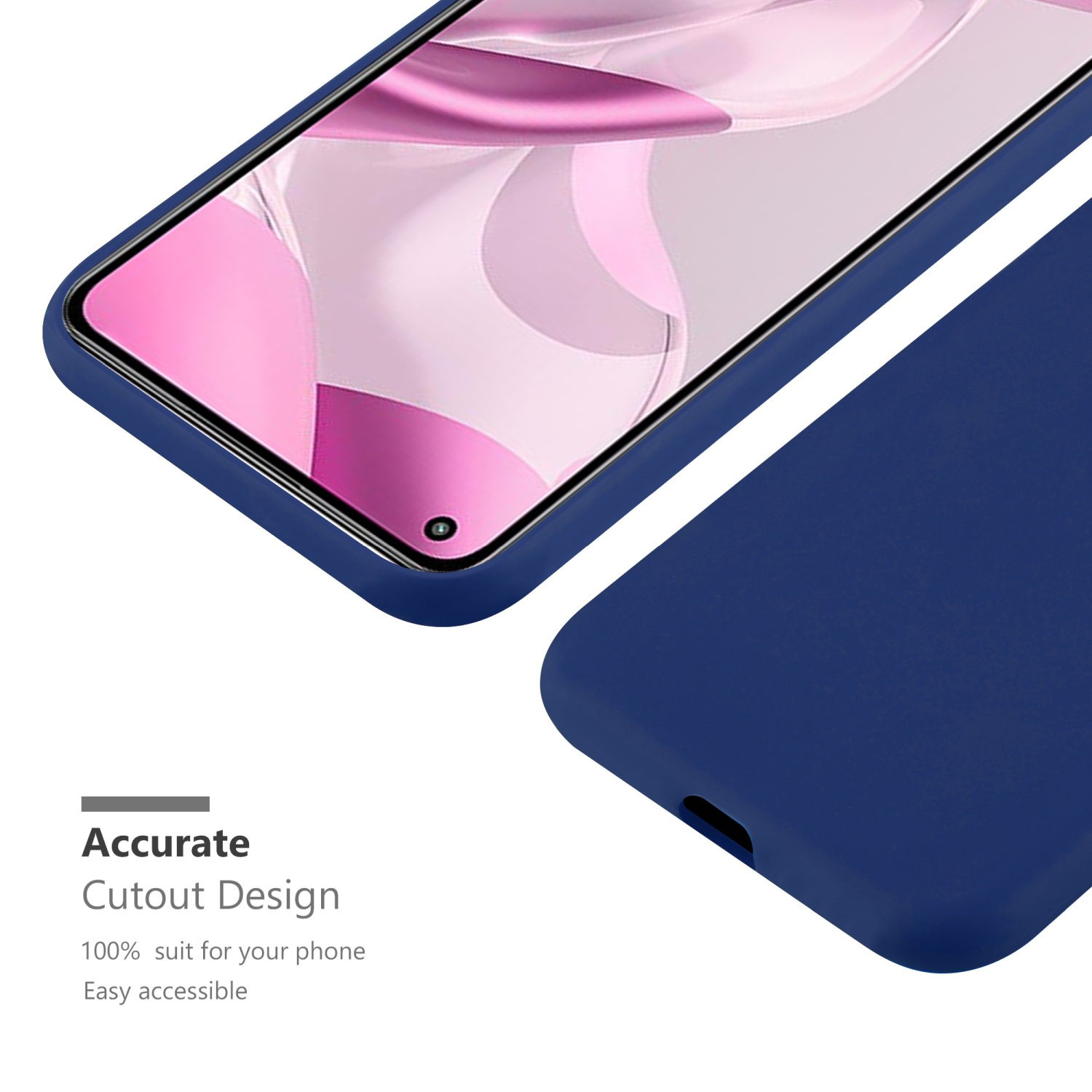 Primo piano di una custodia blu per telefono con un telefono all'interno. Testo: Design preciso. Sfondo bianco.